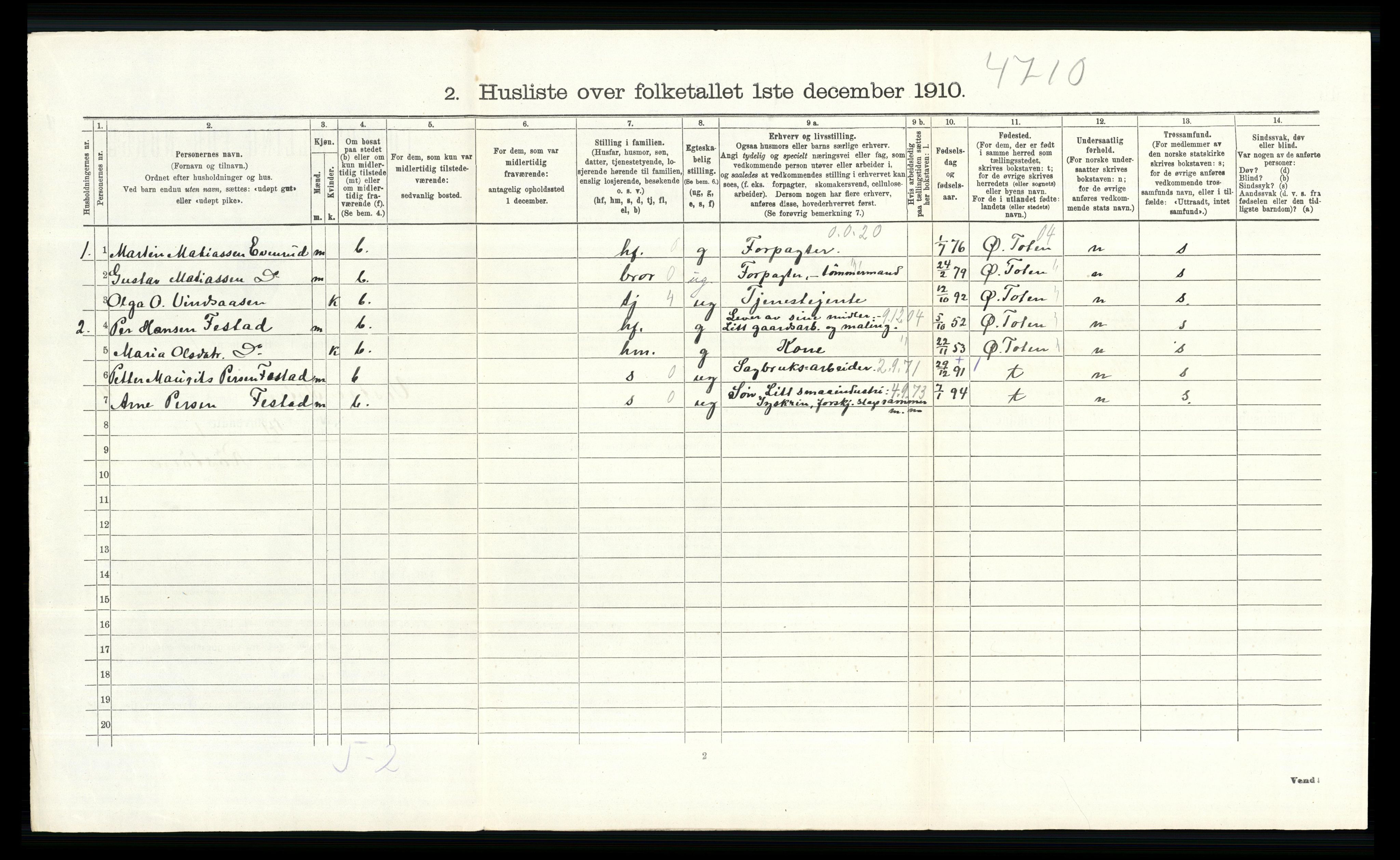 RA, 1910 census for Vestre Toten, 1910, p. 522