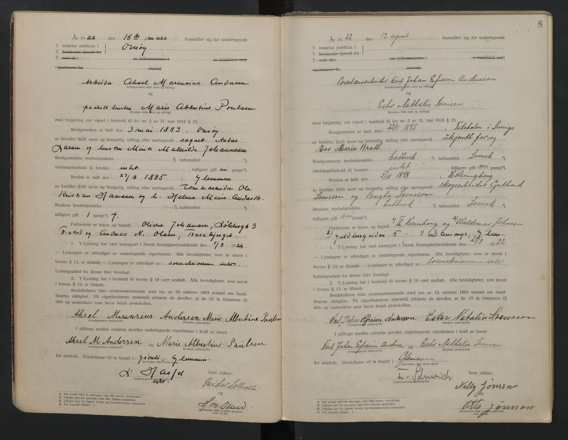 Onsøy sorenskriveri, AV/SAO-A-10474/L/La/L0001: Vigselsbok, 1920-1942, p. 8