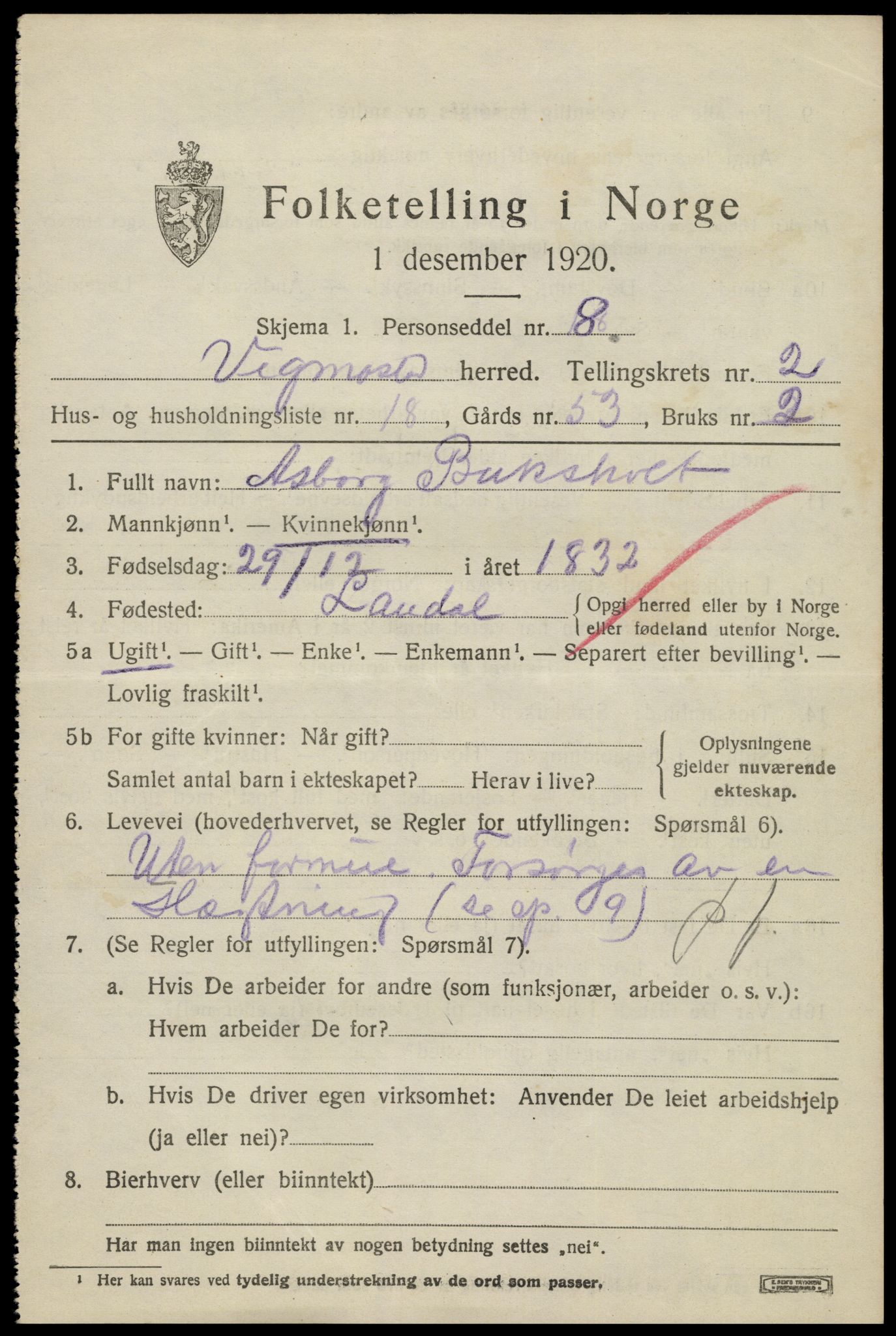 SAK, 1920 census for Vigmostad, 1920, p. 813