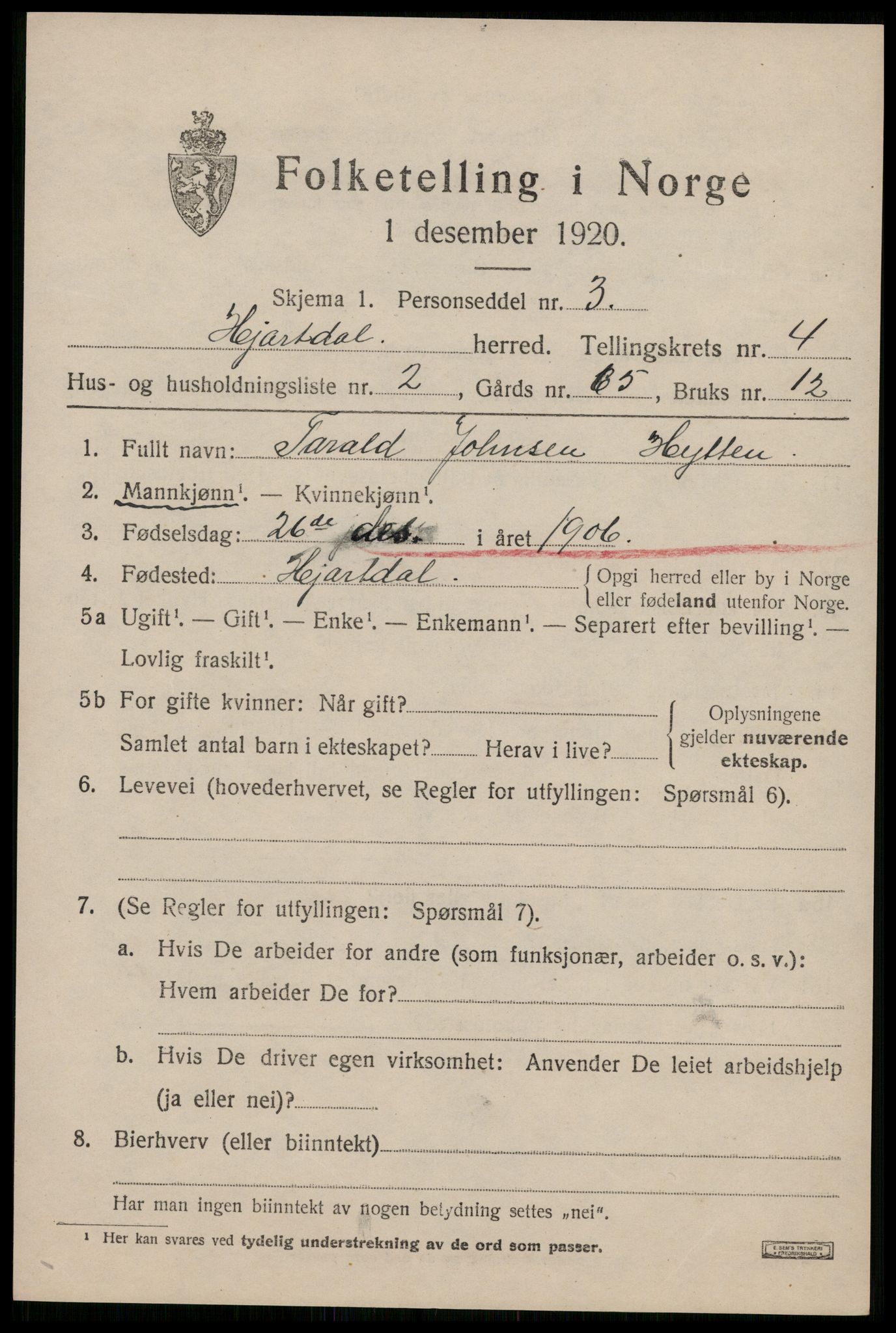 SAKO, 1920 census for Hjartdal, 1920, p. 2806