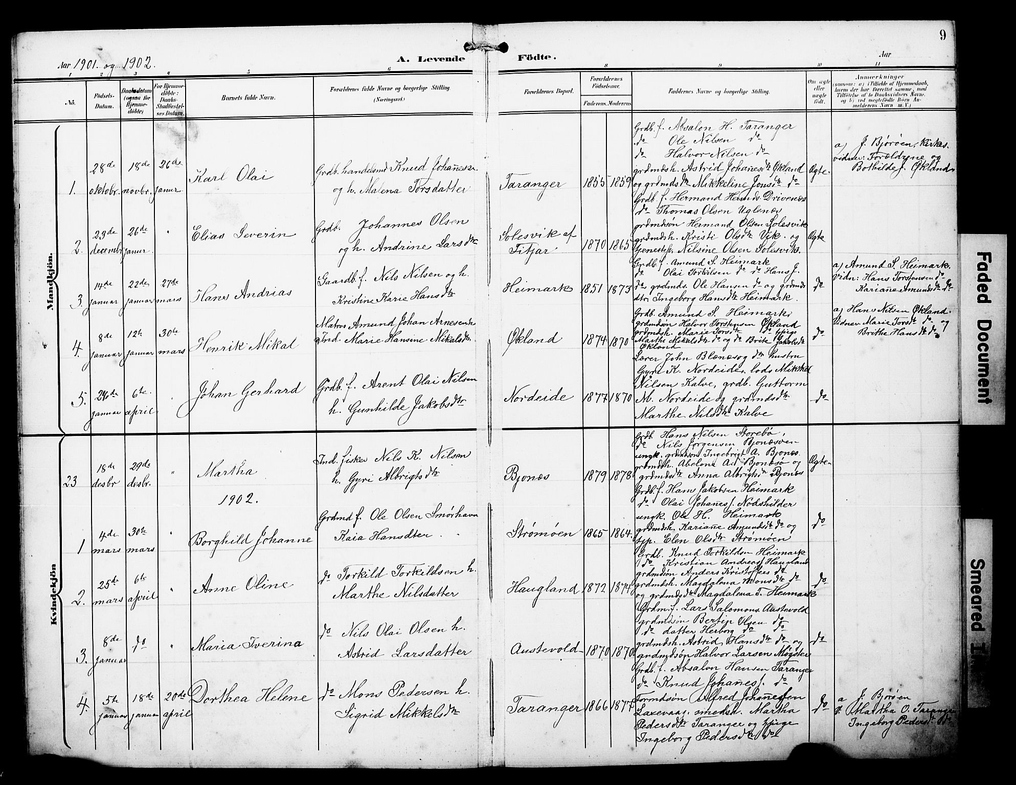 Austevoll Sokneprestembete, SAB/A-74201/H/Hab: Parish register (copy) no. A 4, 1901-1912, p. 9