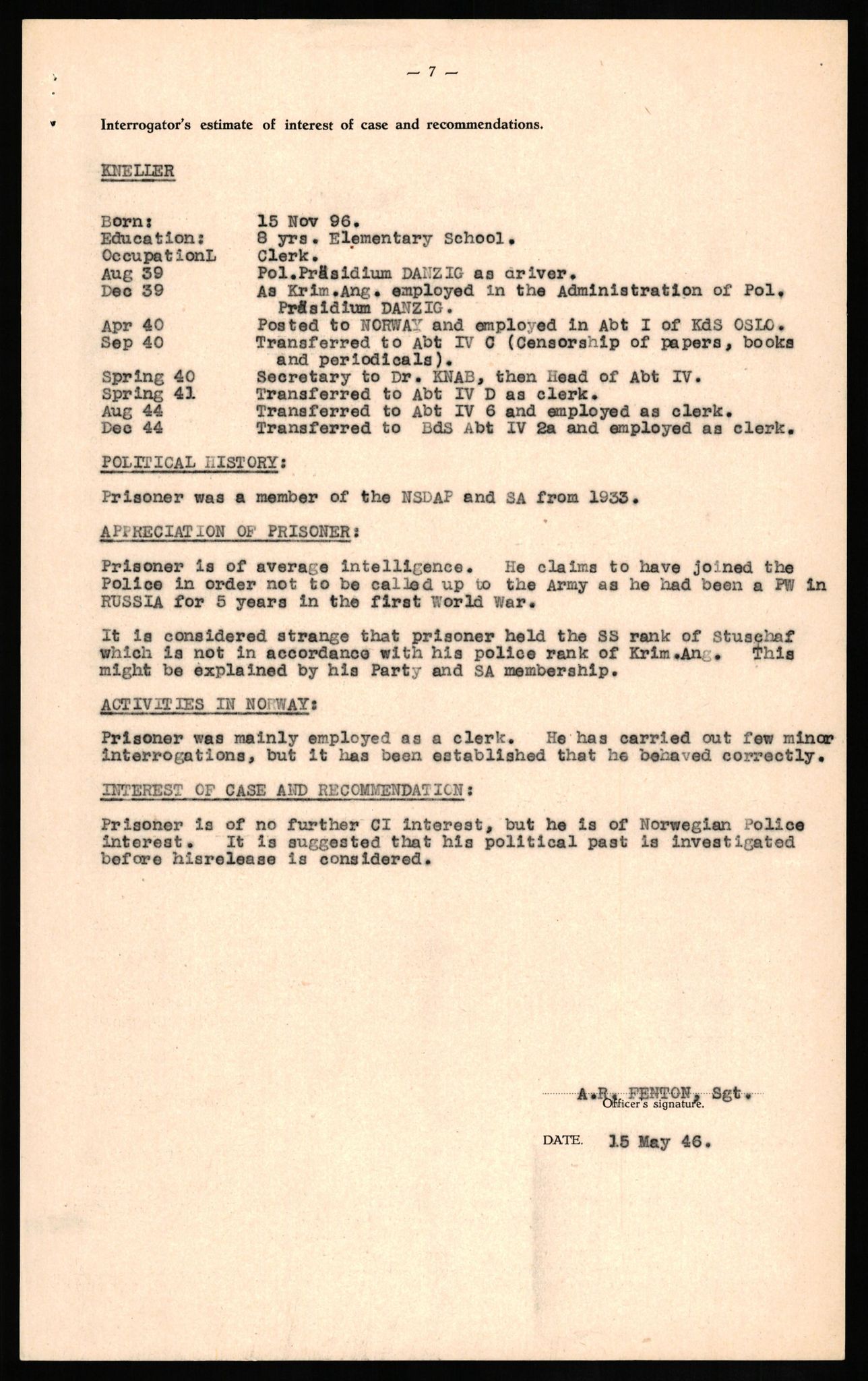 Forsvaret, Forsvarets overkommando II, AV/RA-RAFA-3915/D/Db/L0017: CI Questionaires. Tyske okkupasjonsstyrker i Norge. Tyskere., 1945-1946, p. 144