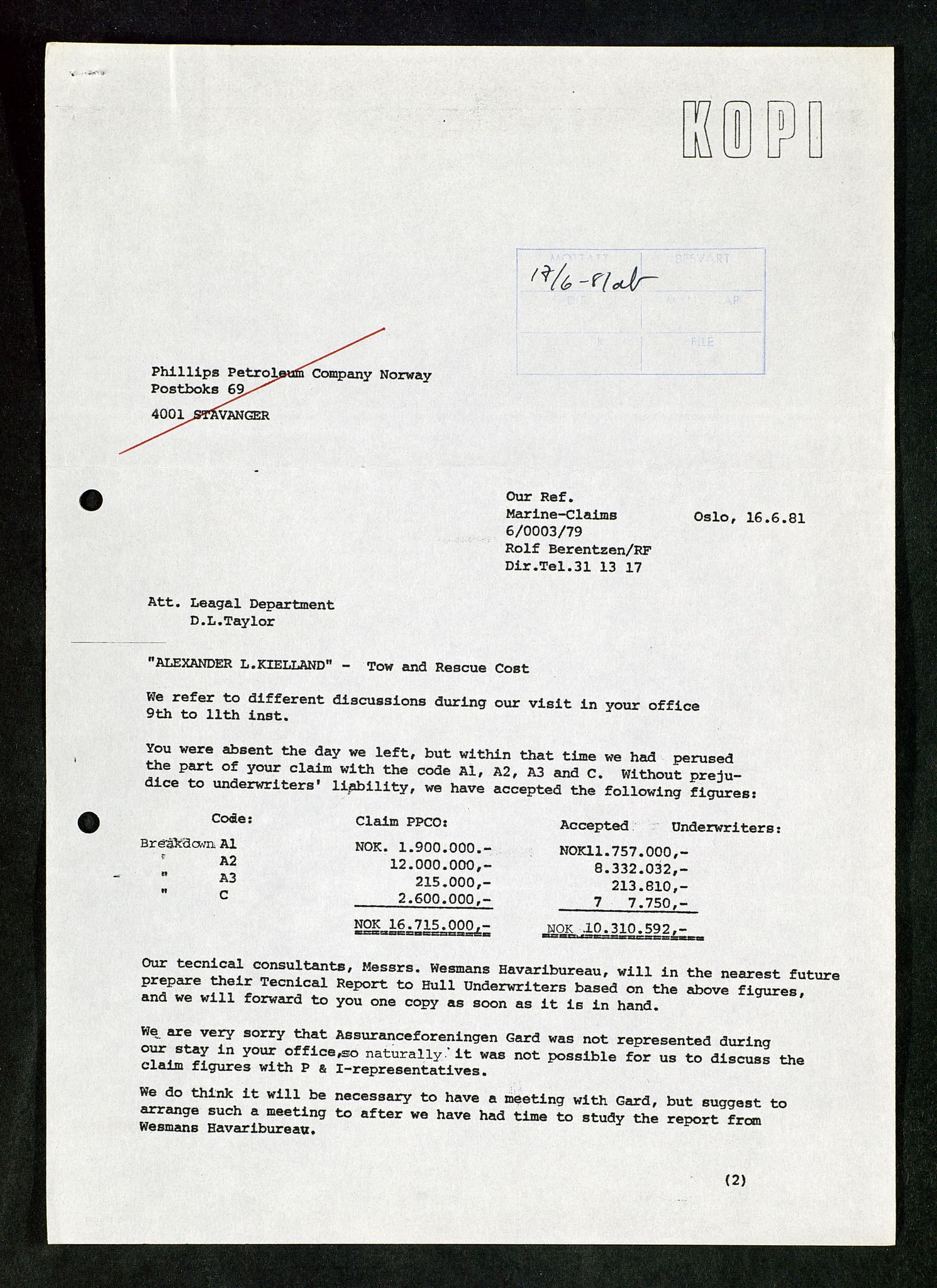 Pa 1503 - Stavanger Drilling AS, AV/SAST-A-101906/Da/L0017: Alexander L. Kielland - Saks- og korrespondansearkiv, 1981-1984, p. 143