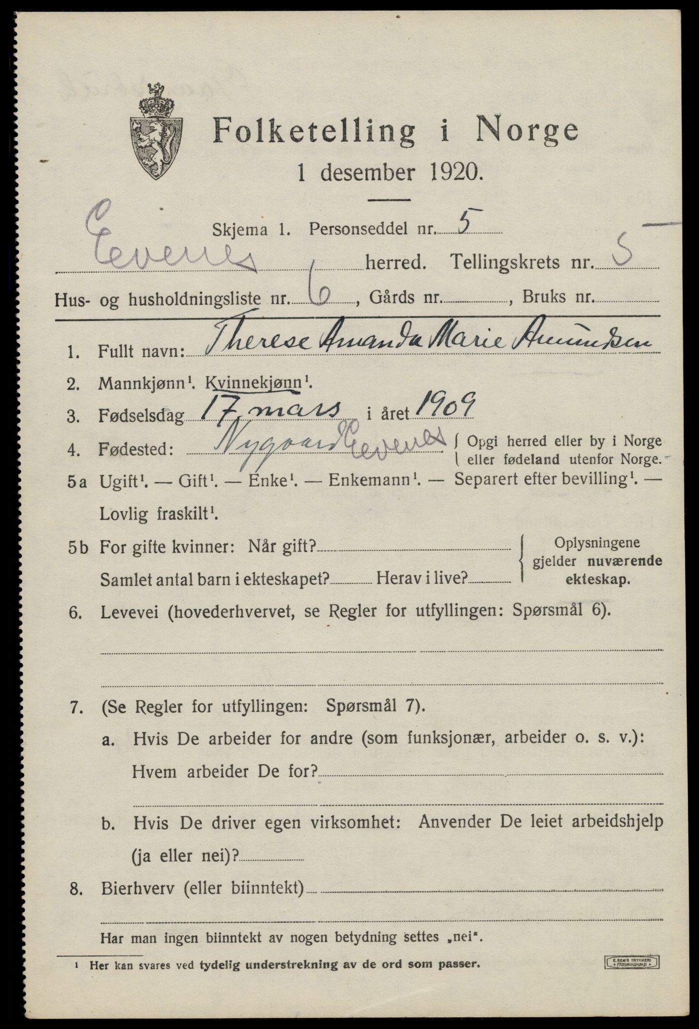 SAT, 1920 census for Evenes, 1920, p. 12806