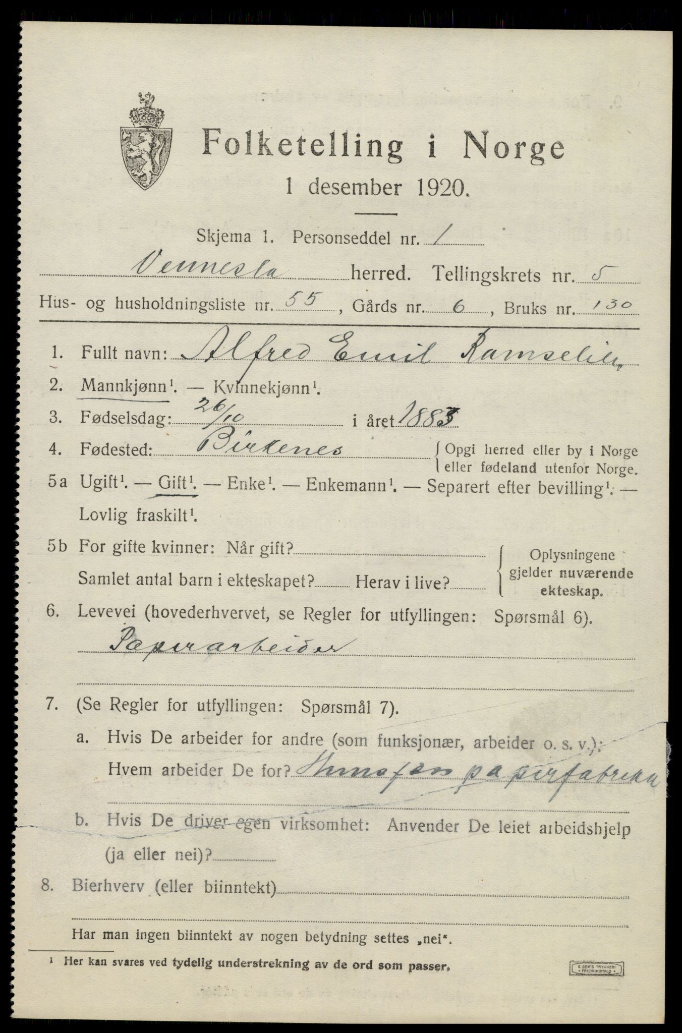 SAK, 1920 census for Vennesla, 1920, p. 4126