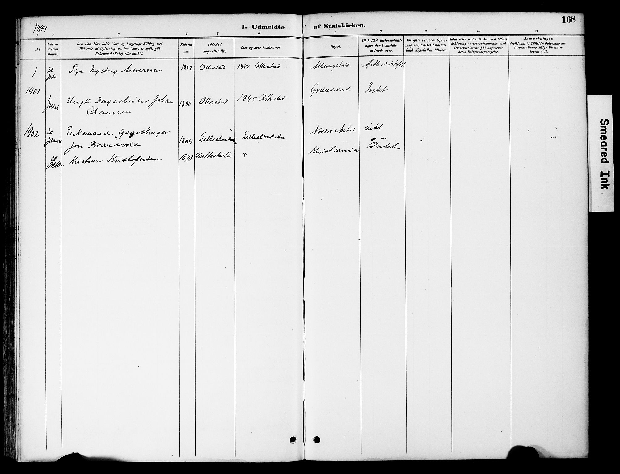 Stange prestekontor, SAH/PREST-002/K/L0021: Parish register (official) no. 21, 1891-1902, p. 168