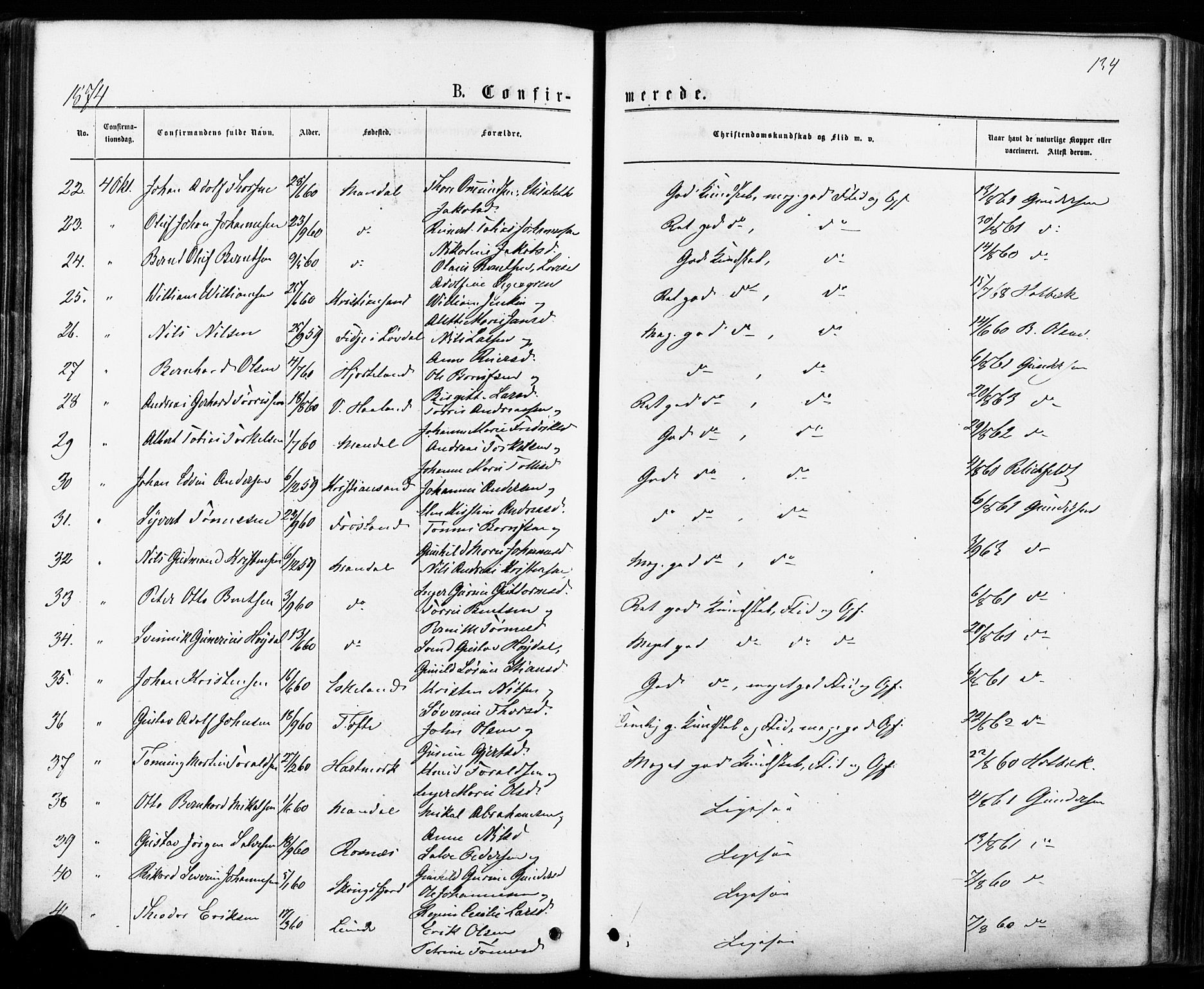 Mandal sokneprestkontor, SAK/1111-0030/F/Fa/Faa/L0015: Parish register (official) no. A 15, 1873-1879, p. 134