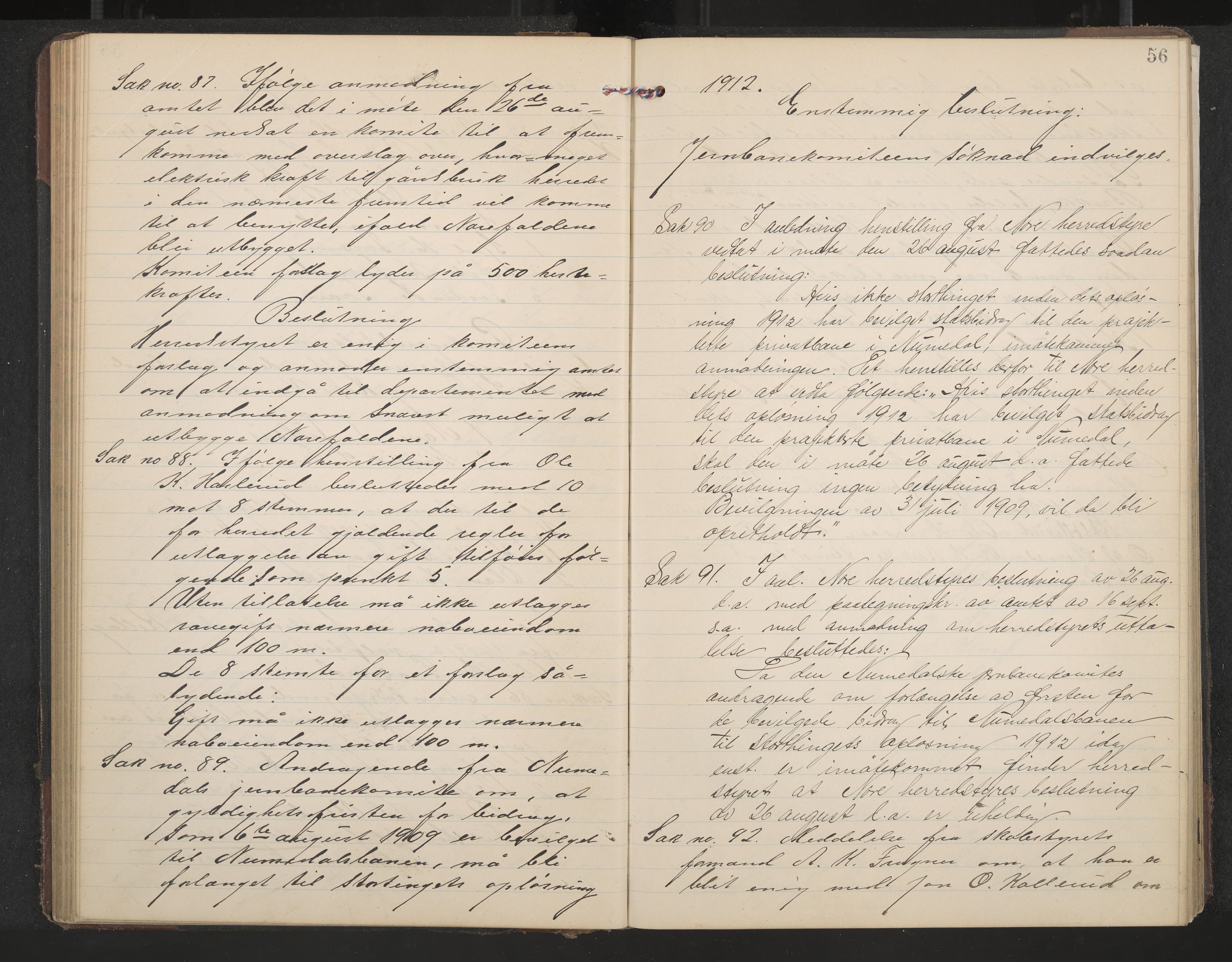 Rollag formannskap og sentraladministrasjon, IKAK/0632021-2/A/Aa/L0005: Møtebok, 1909-1915, p. 56