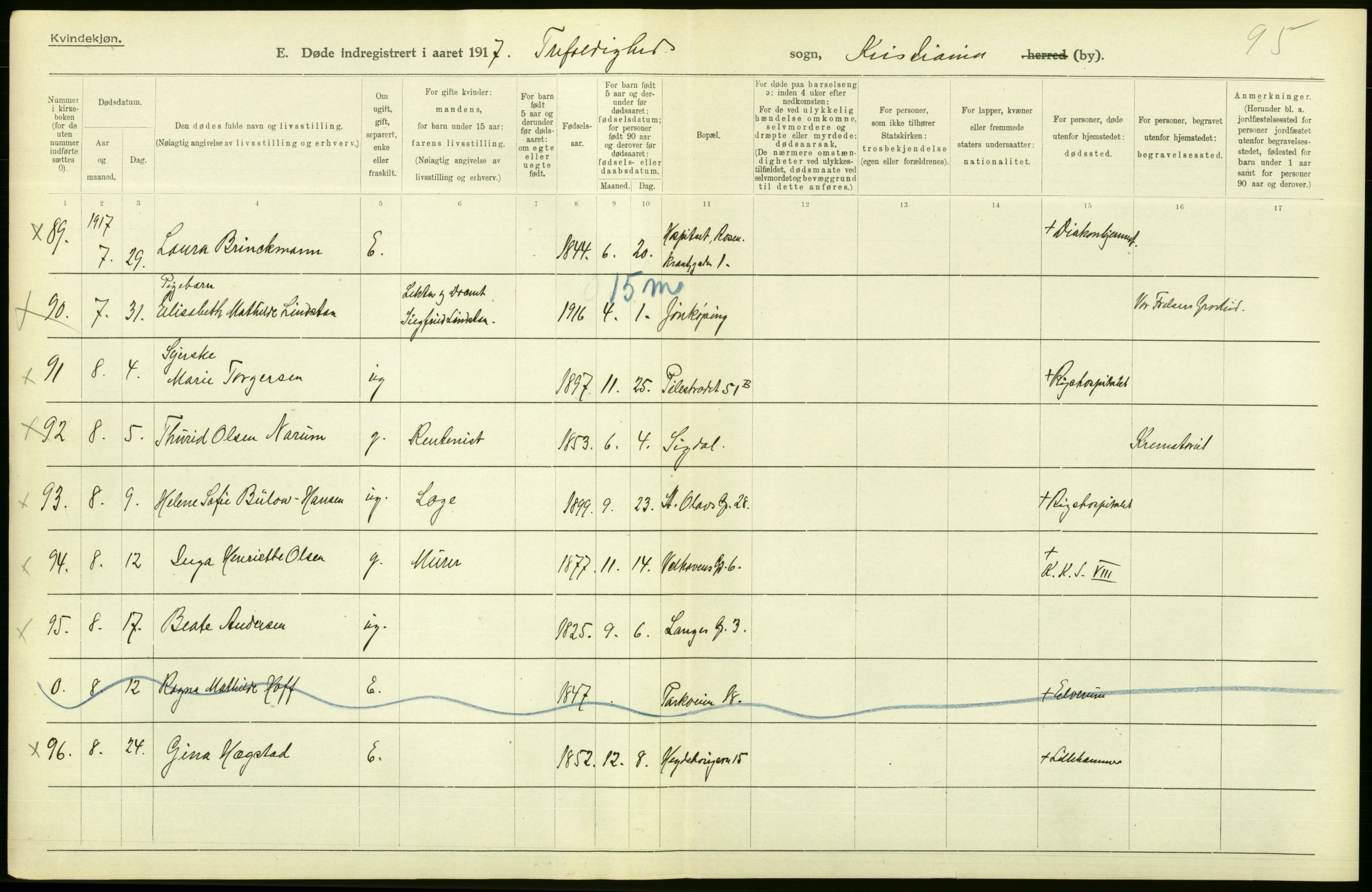 Statistisk sentralbyrå, Sosiodemografiske emner, Befolkning, AV/RA-S-2228/D/Df/Dfb/Dfbg/L0010: Kristiania: Døde, 1917, p. 46