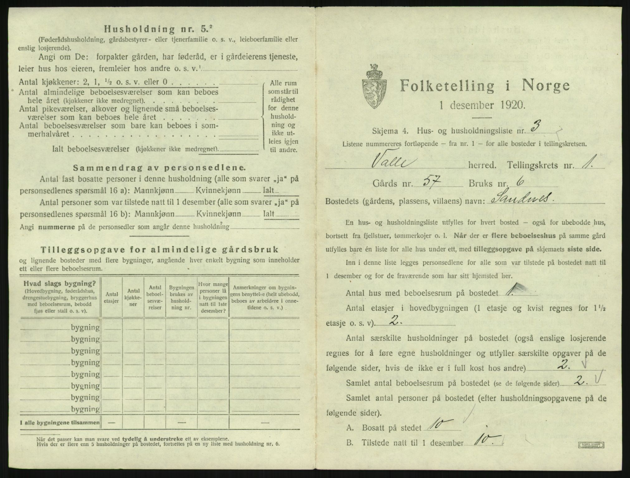 SAK, 1920 census for Valle, 1920, p. 29