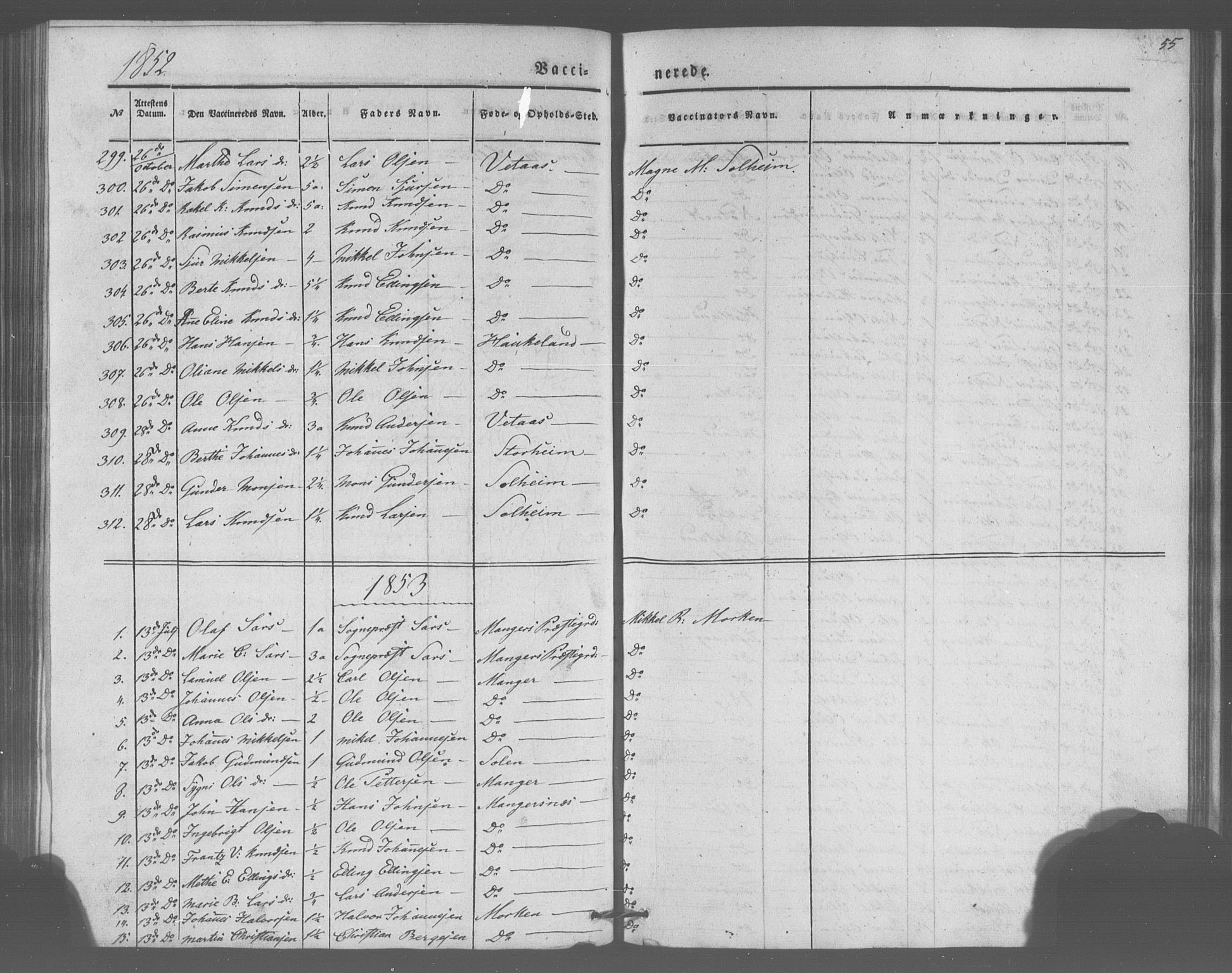 Manger sokneprestembete, AV/SAB-A-76801/H/Haa: Parish register (official) no. A 10, 1844-1859, p. 55