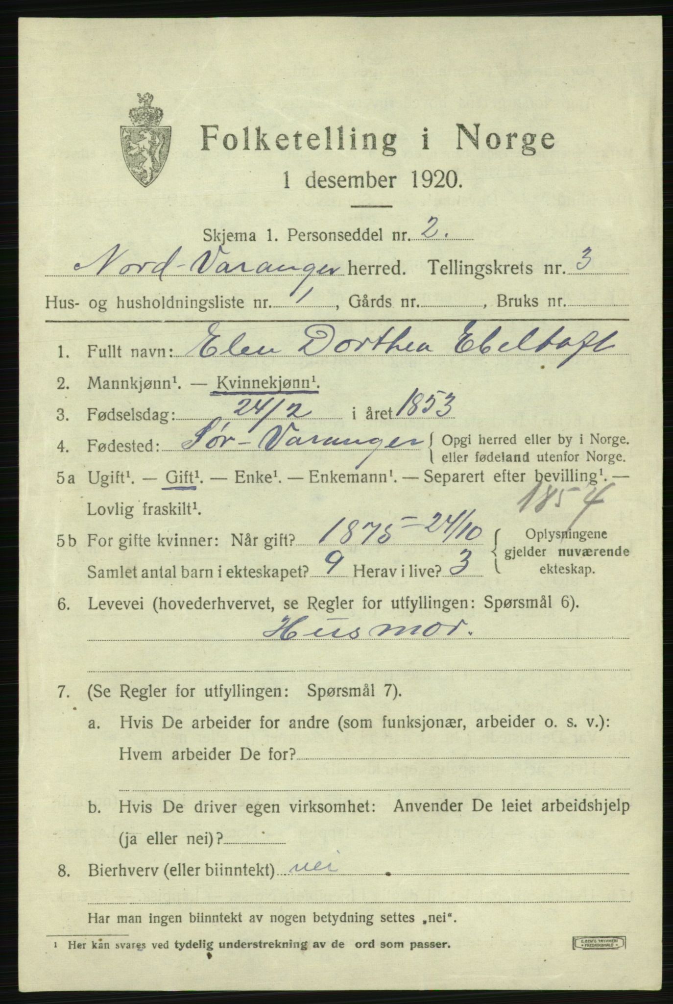 SATØ, 1920 census for Nord-Varanger, 1920, p. 1227