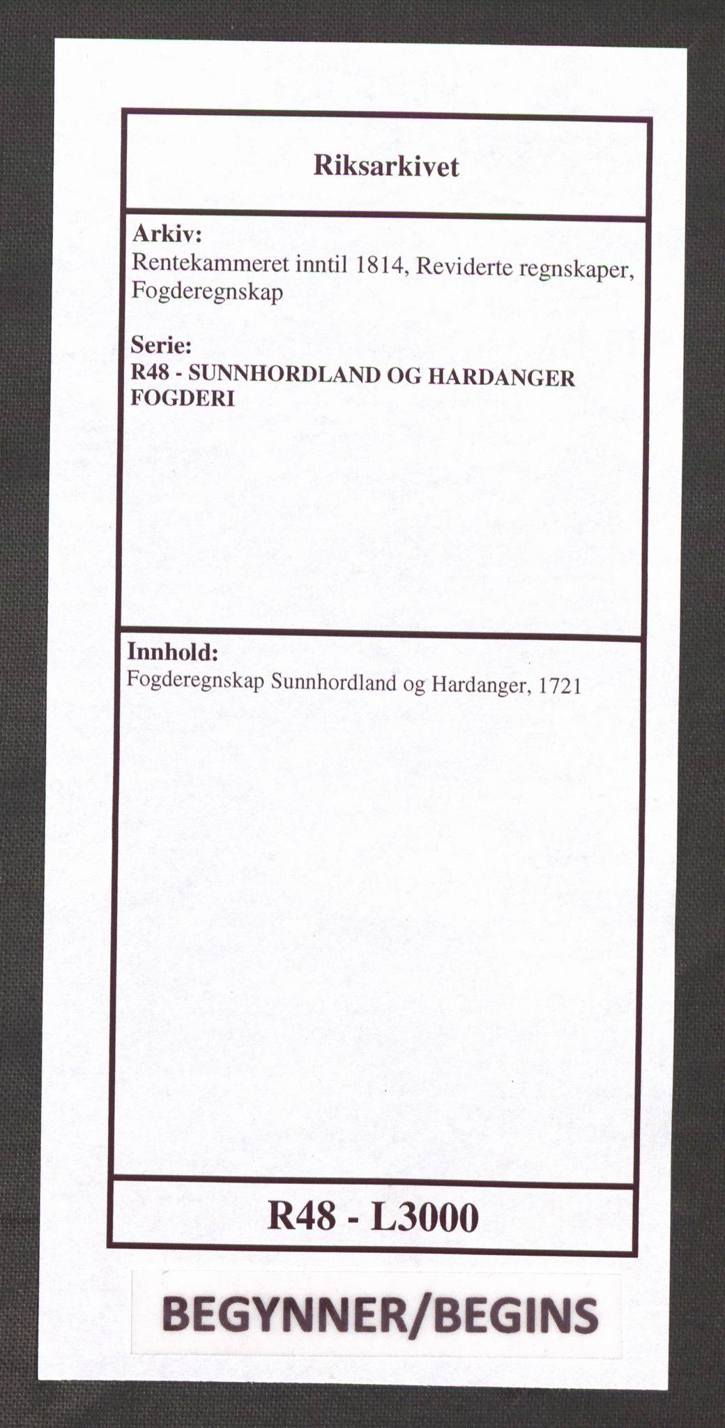 Rentekammeret inntil 1814, Reviderte regnskaper, Fogderegnskap, RA/EA-4092/R48/L3000: Fogderegnskap Sunnhordland og Hardanger, 1721, p. 1