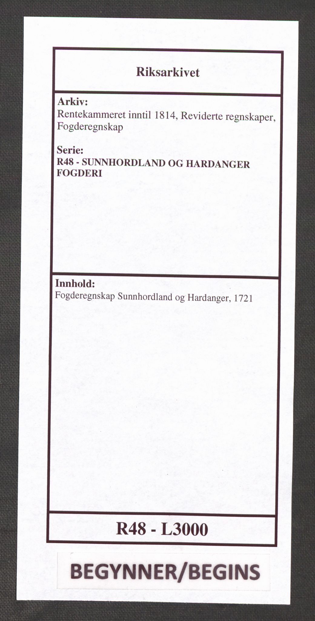 Rentekammeret inntil 1814, Reviderte regnskaper, Fogderegnskap, AV/RA-EA-4092/R48/L3000: Fogderegnskap Sunnhordland og Hardanger, 1721, p. 1