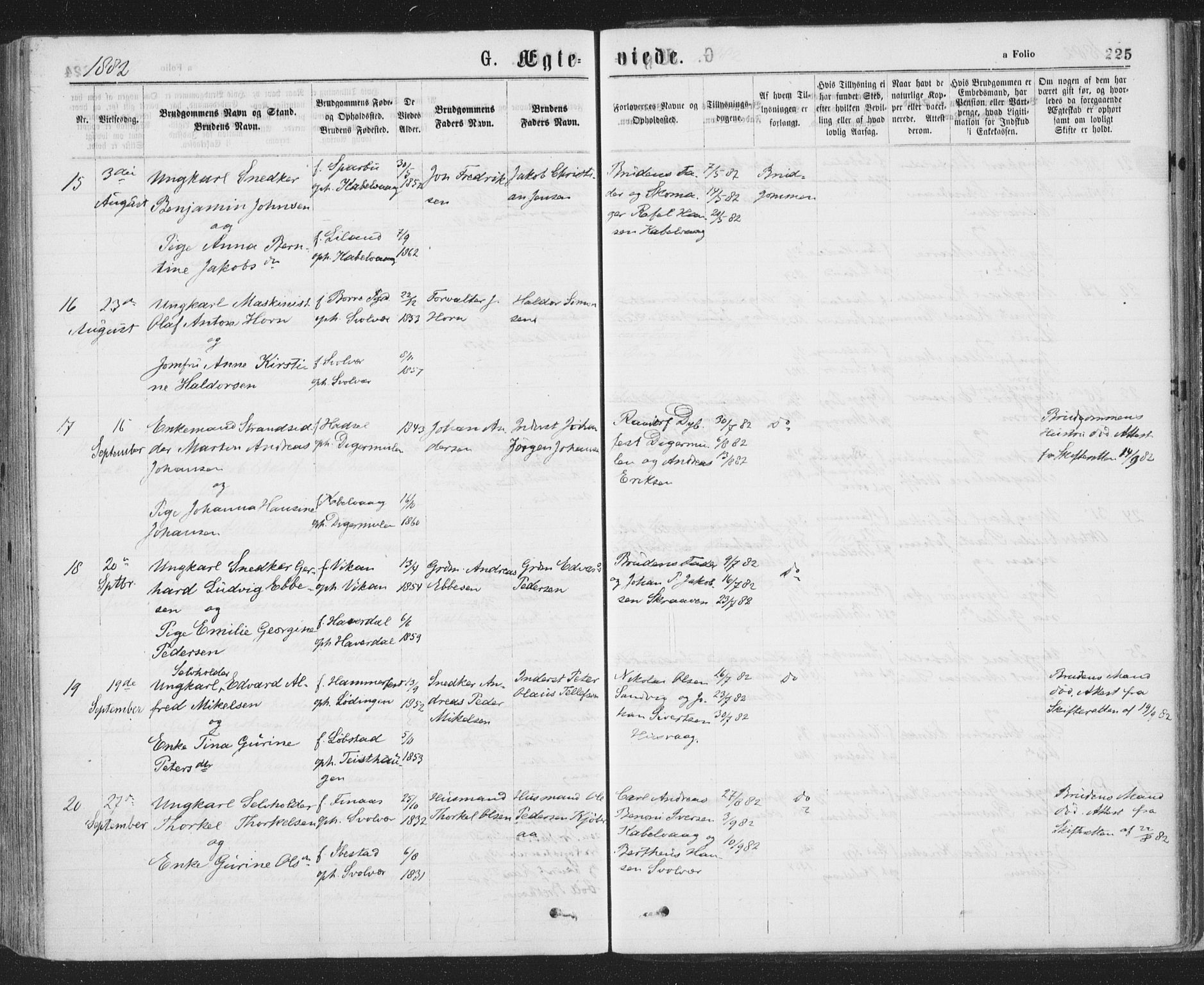 Ministerialprotokoller, klokkerbøker og fødselsregistre - Nordland, AV/SAT-A-1459/874/L1058: Parish register (official) no. 874A02, 1878-1883, p. 225