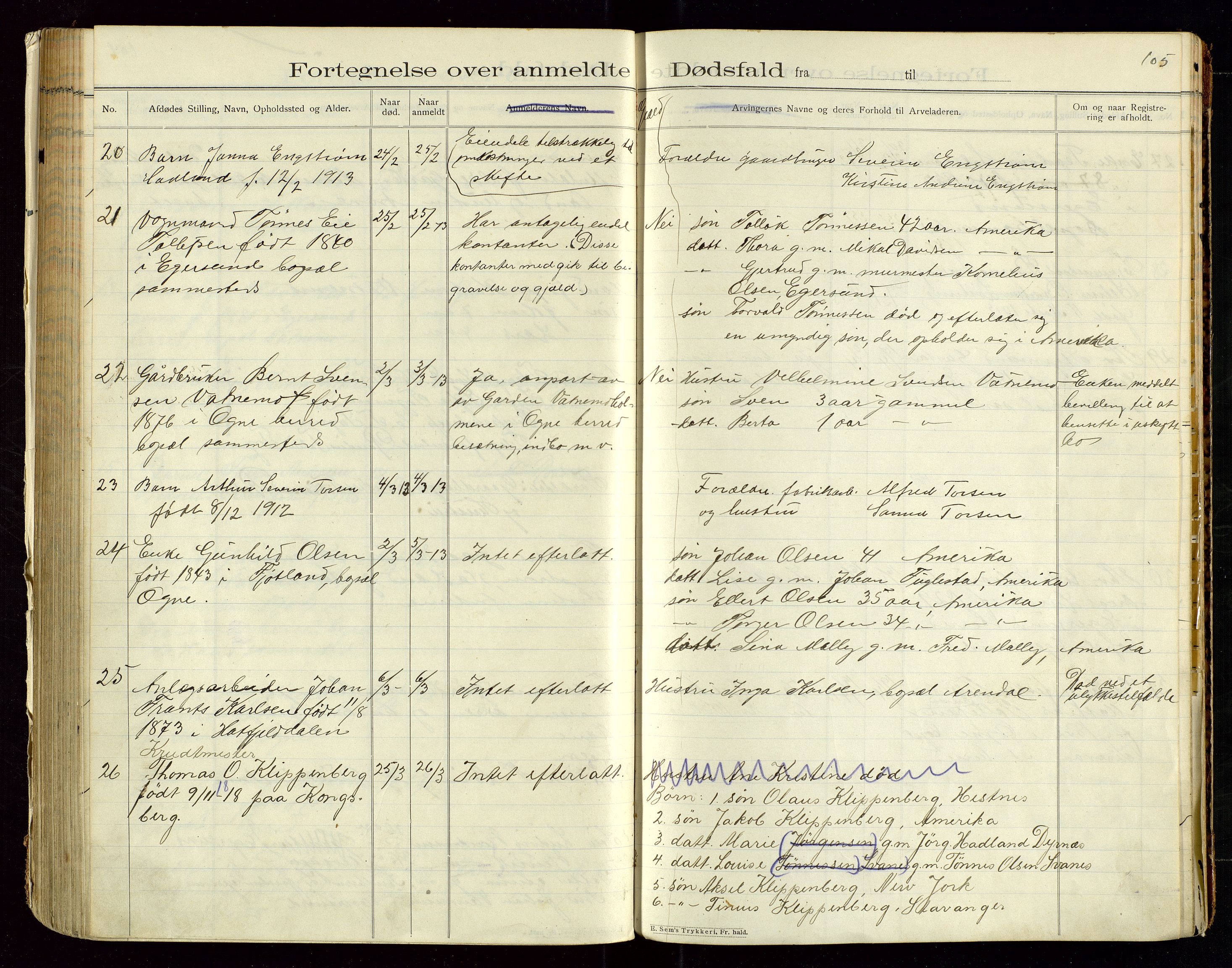 Eigersund lensmannskontor, SAST/A-100171/Gga/L0005: "Dødsfalds-Protokol" m/alfabetisk navneregister, 1905-1913, p. 105