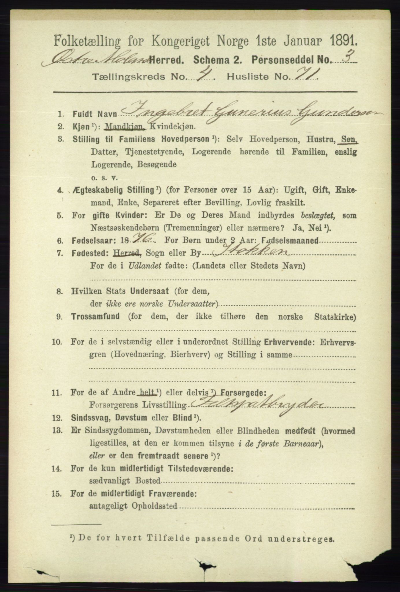RA, 1891 census for 0918 Austre Moland, 1891, p. 2434