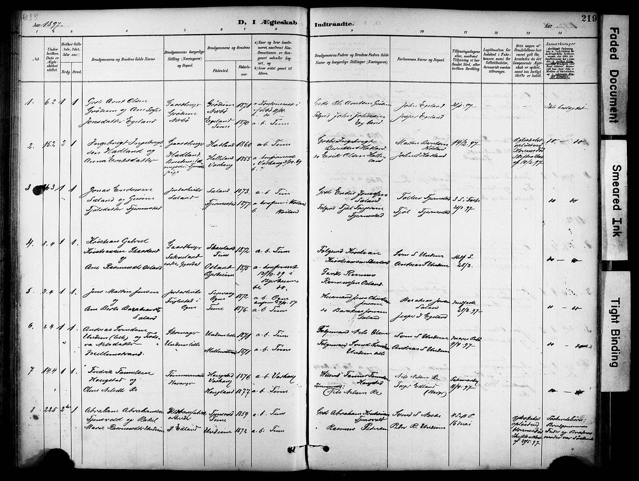 Lye sokneprestkontor, SAST/A-101794/001/30BA/L0011: Parish register (official) no. A 9, 1893-1903, p. 219