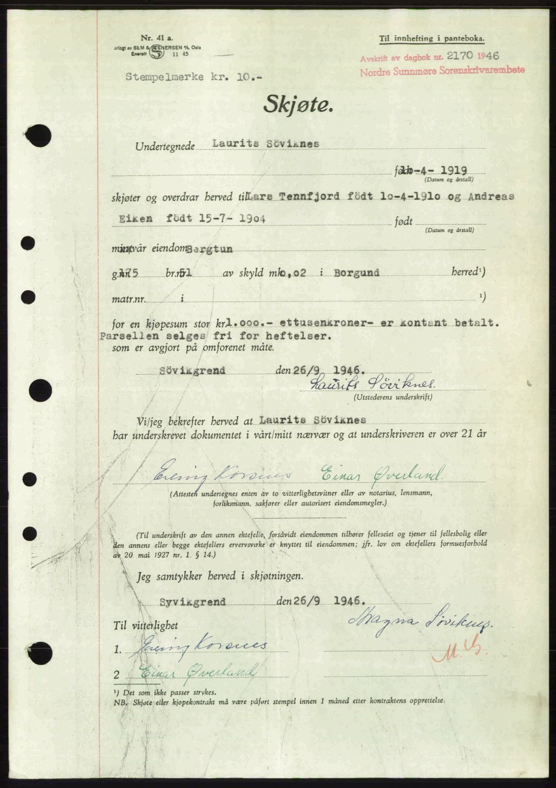 Nordre Sunnmøre sorenskriveri, AV/SAT-A-0006/1/2/2C/2Ca: Mortgage book no. A23, 1946-1947, Diary no: : 2170/1946