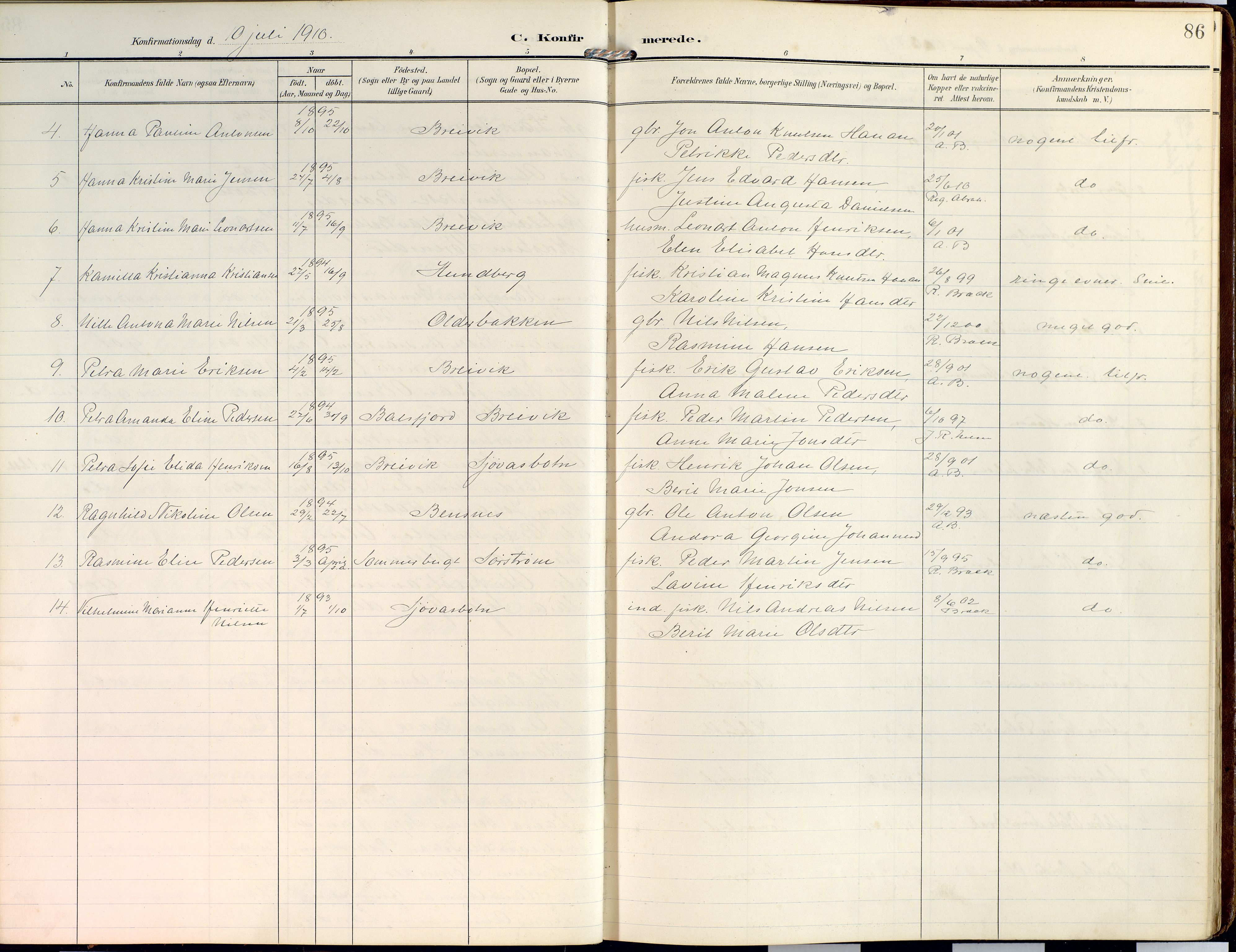 Lyngen sokneprestembete, SATØ/S-1289/H/He/Hea/L0014kirke: Parish register (official) no. 14, 1905-1920, p. 86