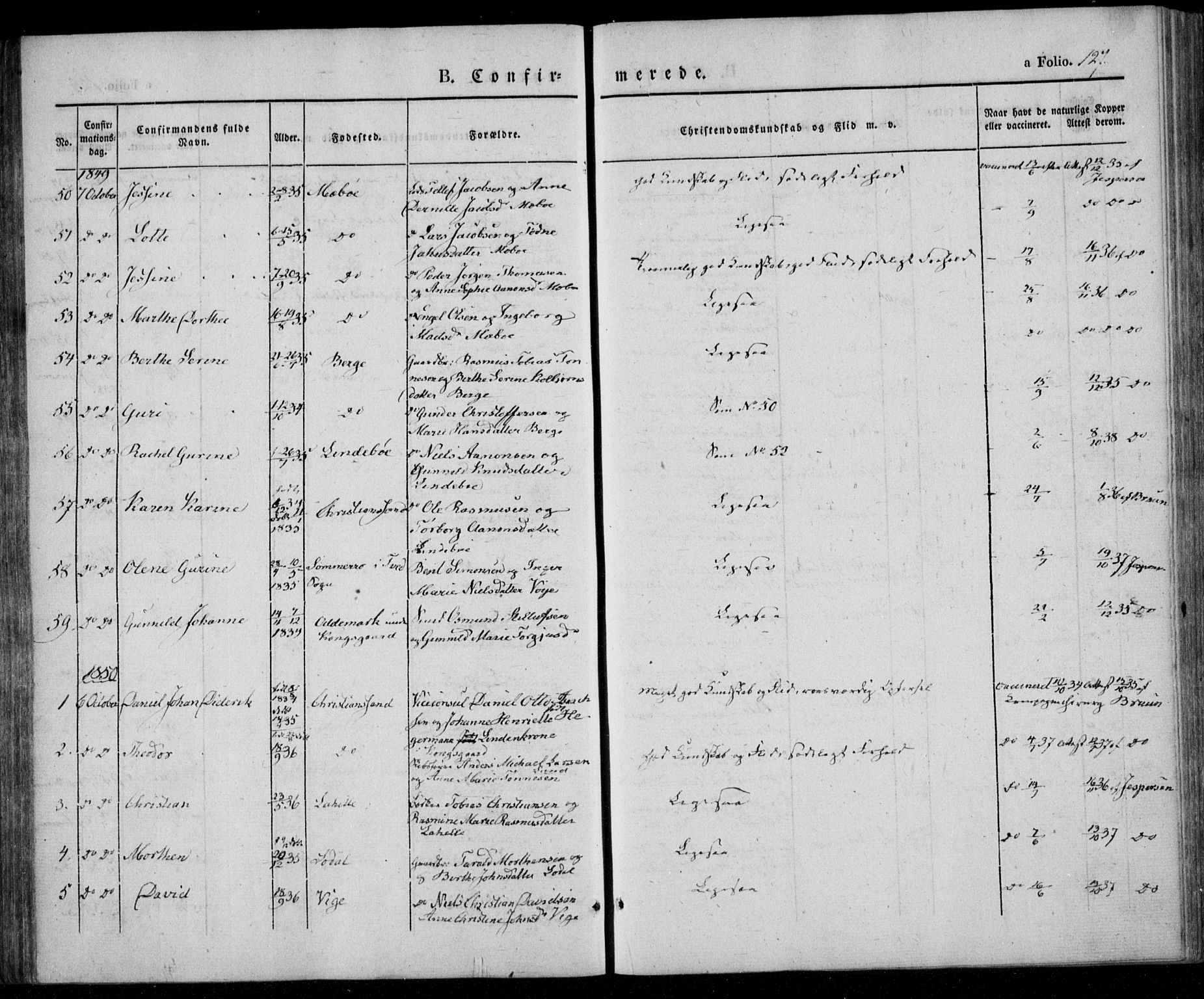 Oddernes sokneprestkontor, AV/SAK-1111-0033/F/Fa/Faa/L0006: Parish register (official) no. A 6, 1838-1851, p. 127