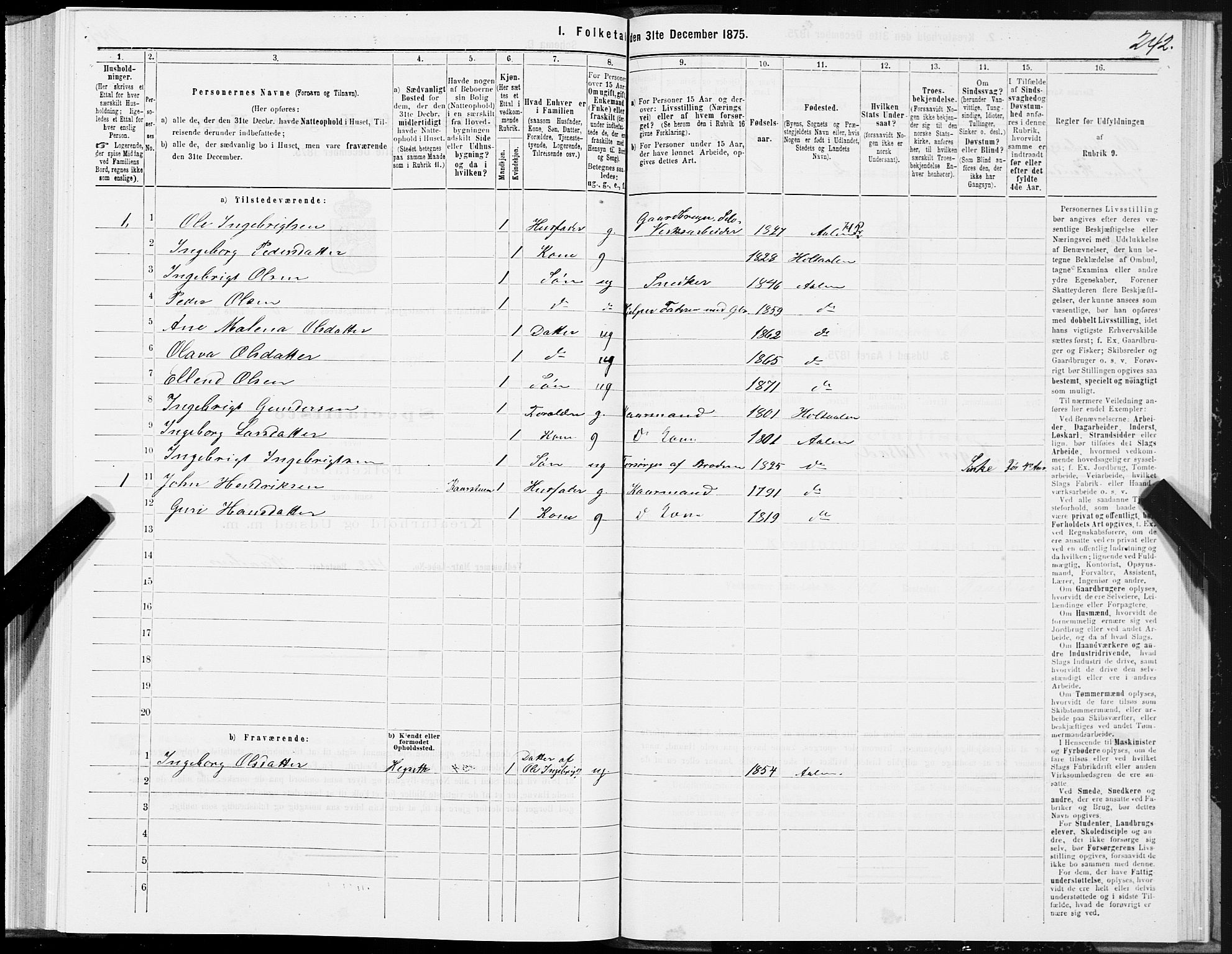 SAT, 1875 census for 1645P Haltdalen, 1875, p. 5242