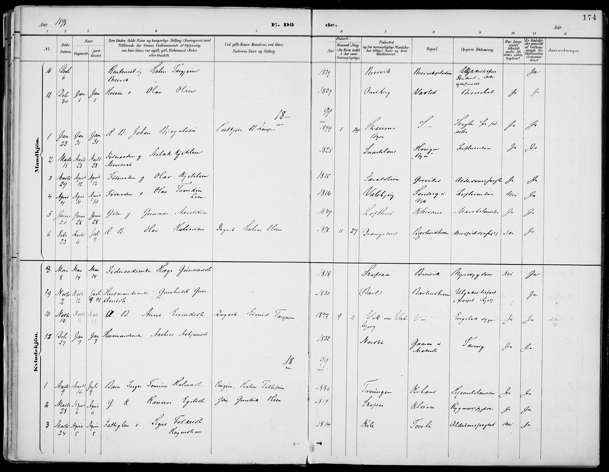 Fyresdal kirkebøker, SAKO/A-263/F/Fa/L0007: Parish register (official) no. I 7, 1887-1914, p. 174