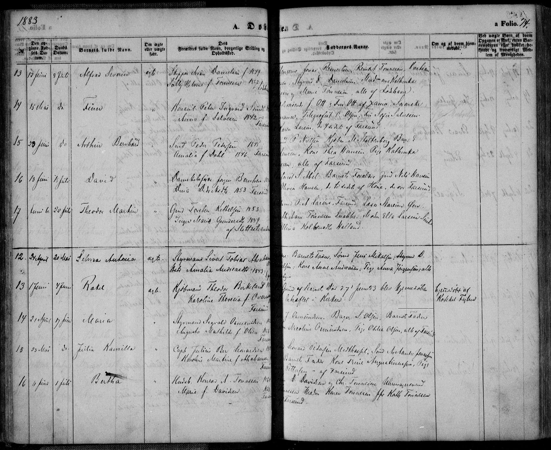 Farsund sokneprestkontor, AV/SAK-1111-0009/F/Fa/L0005: Parish register (official) no. A 5, 1863-1886, p. 74