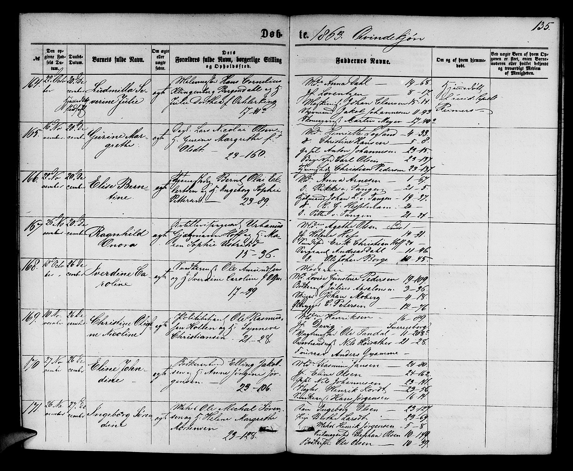 Korskirken sokneprestembete, AV/SAB-A-76101/H/Hab: Parish register (copy) no. B 5, 1863-1868, p. 135