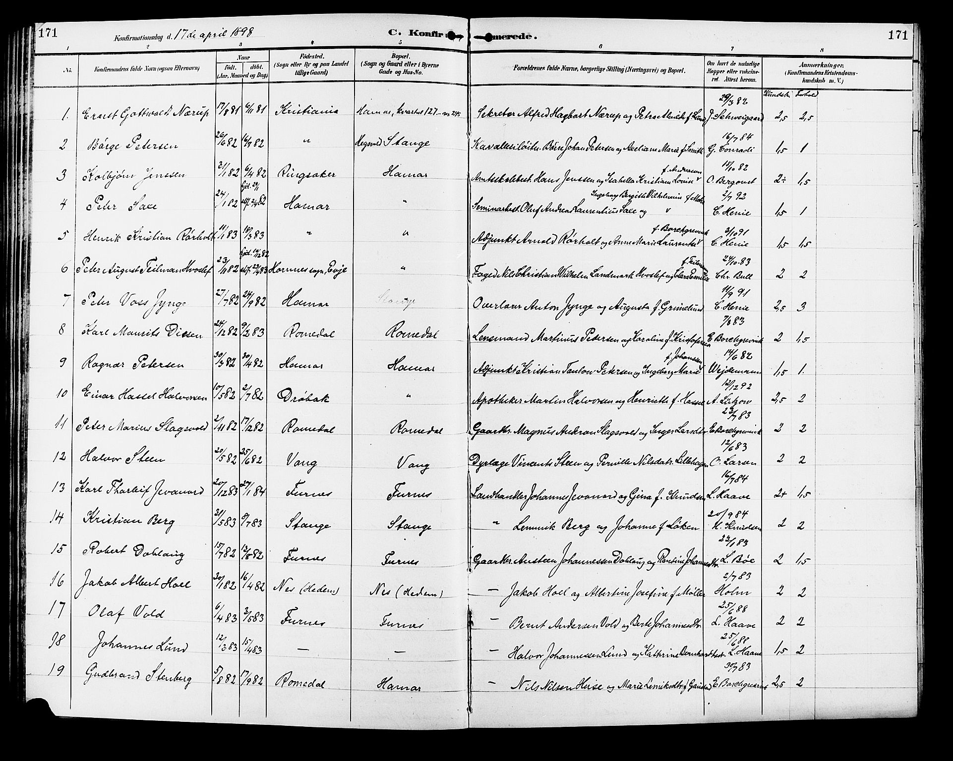Vang prestekontor, Hedmark, SAH/PREST-008/H/Ha/Hab/L0013: Parish register (copy) no. 13, 1890-1899, p. 171