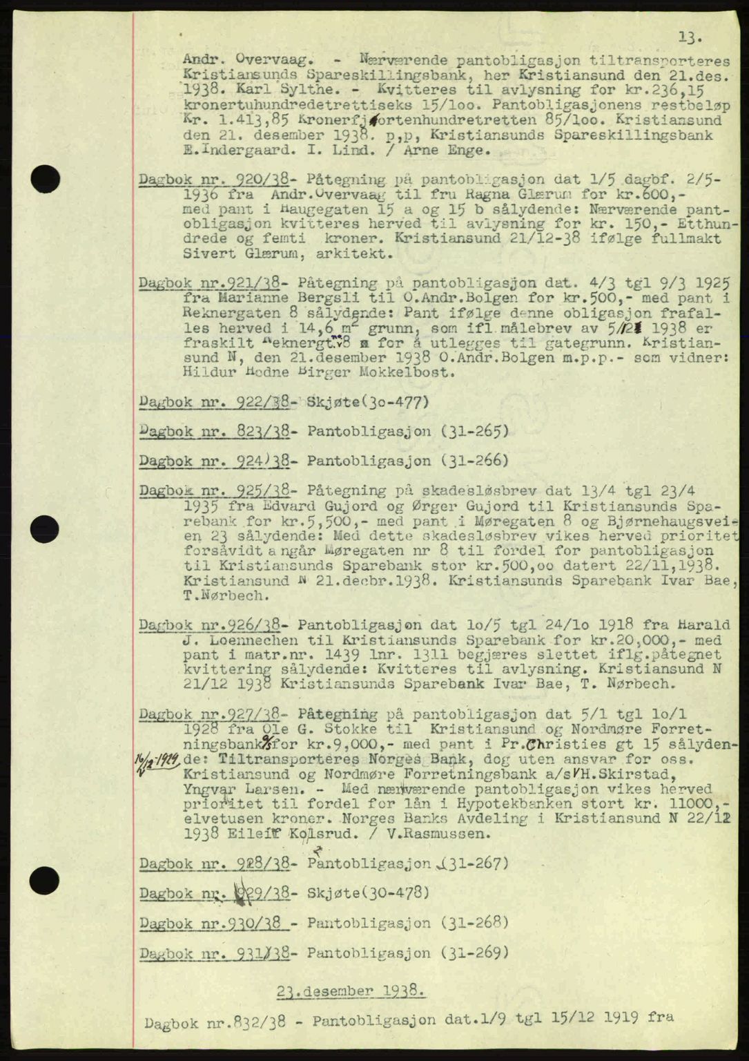 Kristiansund byfogd, SAT/A-4587/A/27: Mortgage book no. 32a, 1938-1946, Diary no: : 920/1938