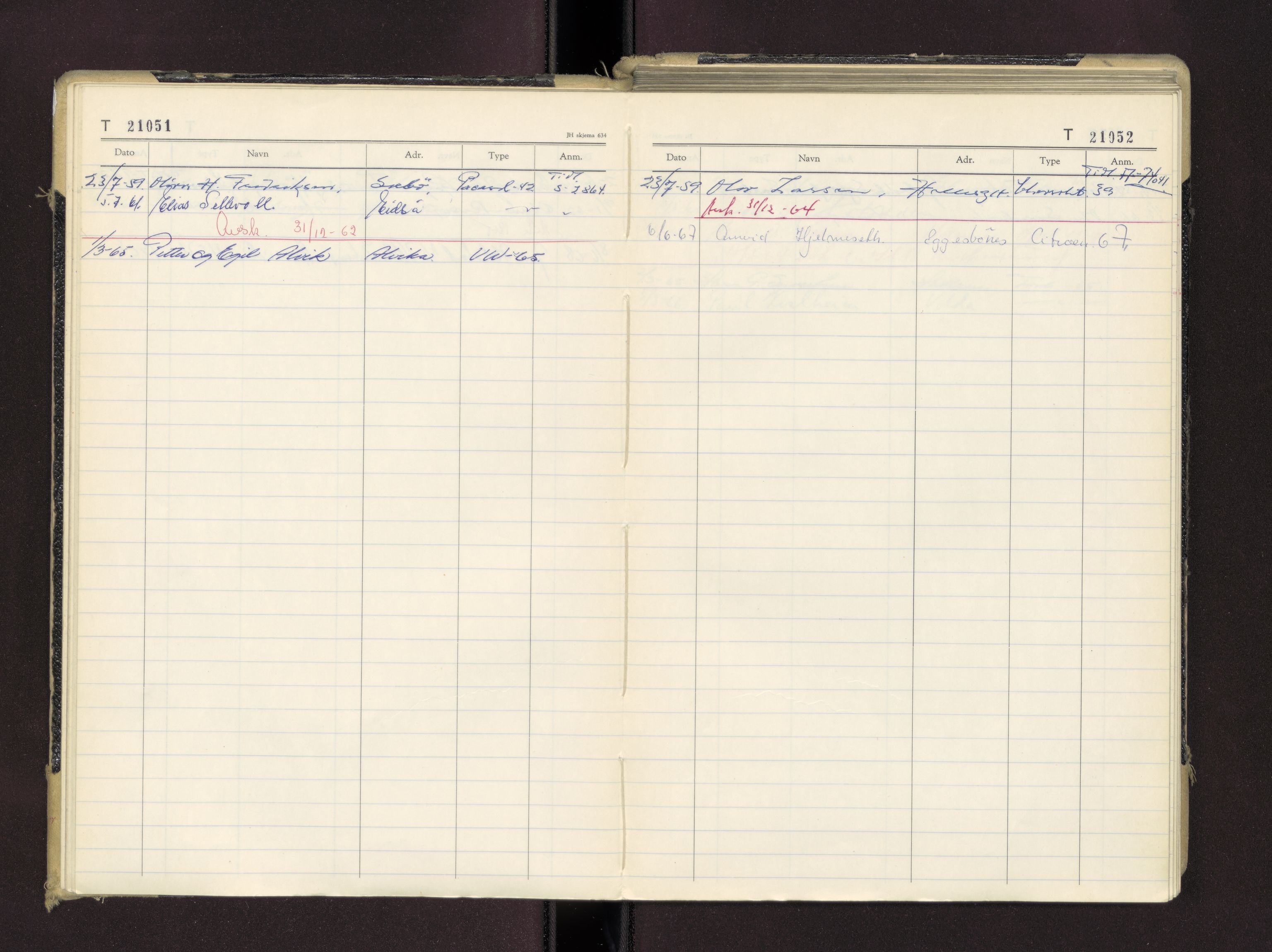 Møre og Romsdal vegkontor - Ålesund trafikkstasjon, AV/SAT-A-4099/F/Fc/L0016: Bilregister; T 21000 - T 21499, 1955-1970