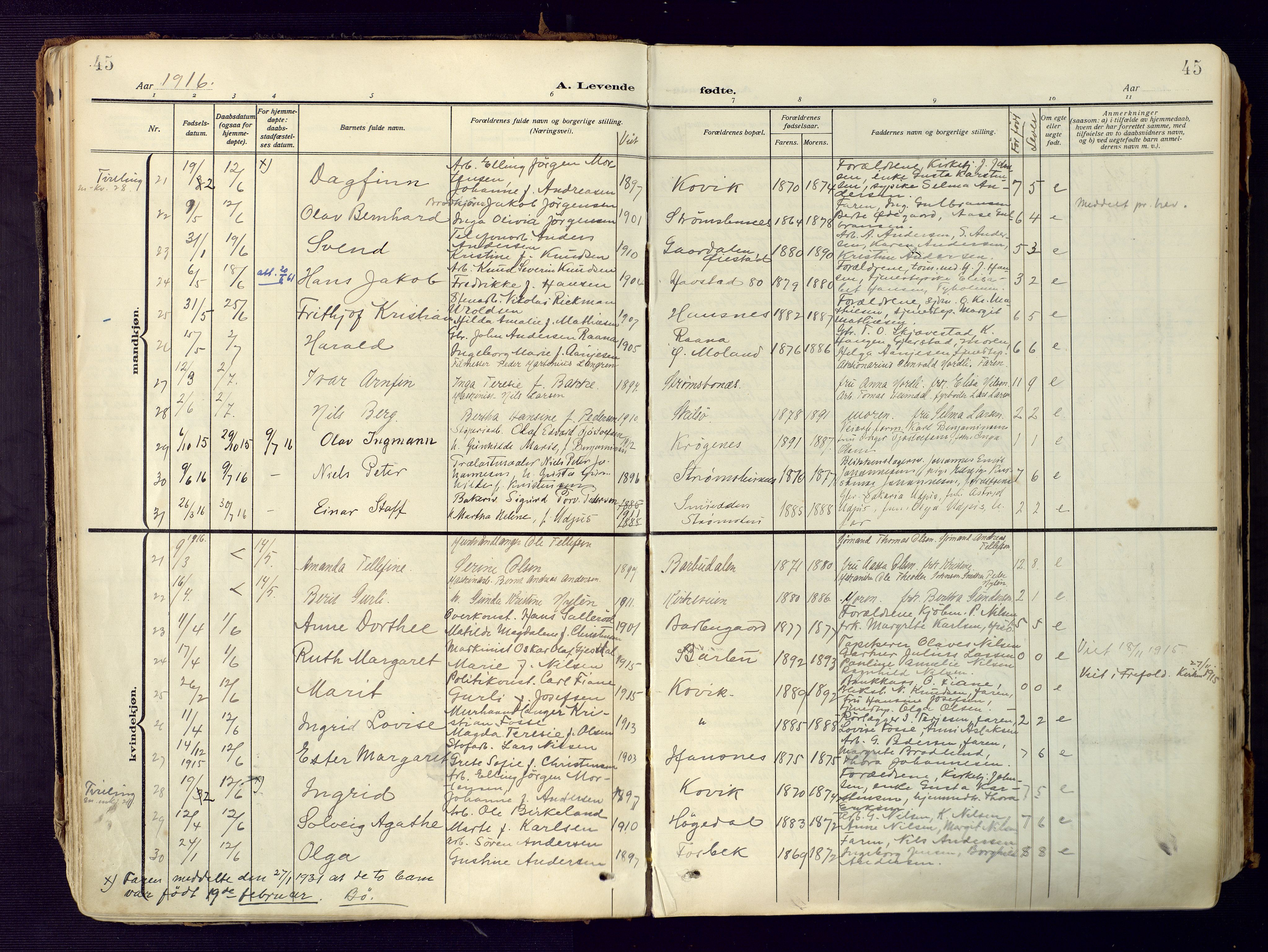 Barbu sokneprestkontor, AV/SAK-1111-0003/F/Fa/L0006: Parish register (official) no. A 6, 1910-1929, p. 45