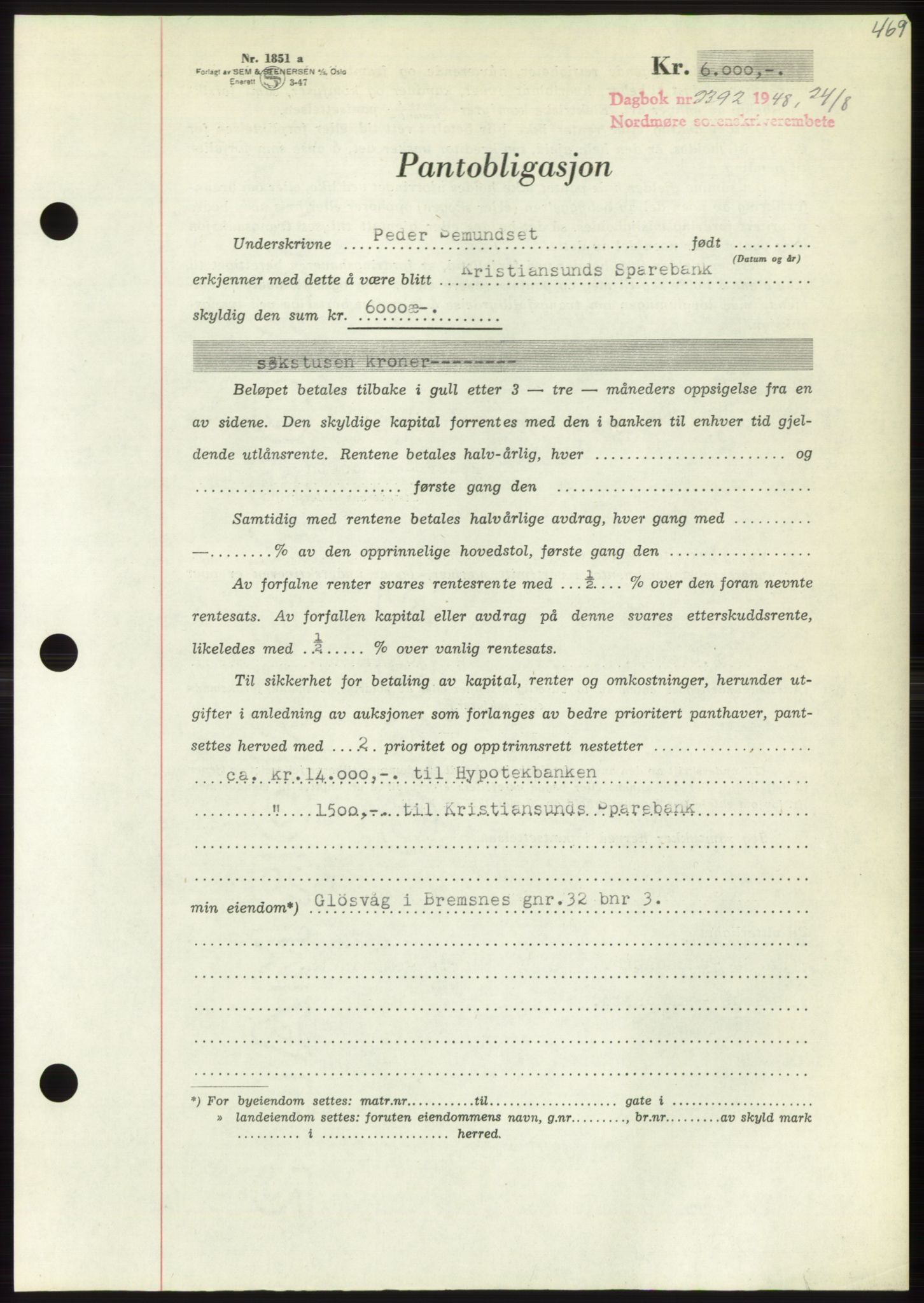 Nordmøre sorenskriveri, AV/SAT-A-4132/1/2/2Ca: Mortgage book no. B99, 1948-1948, Diary no: : 2392/1948