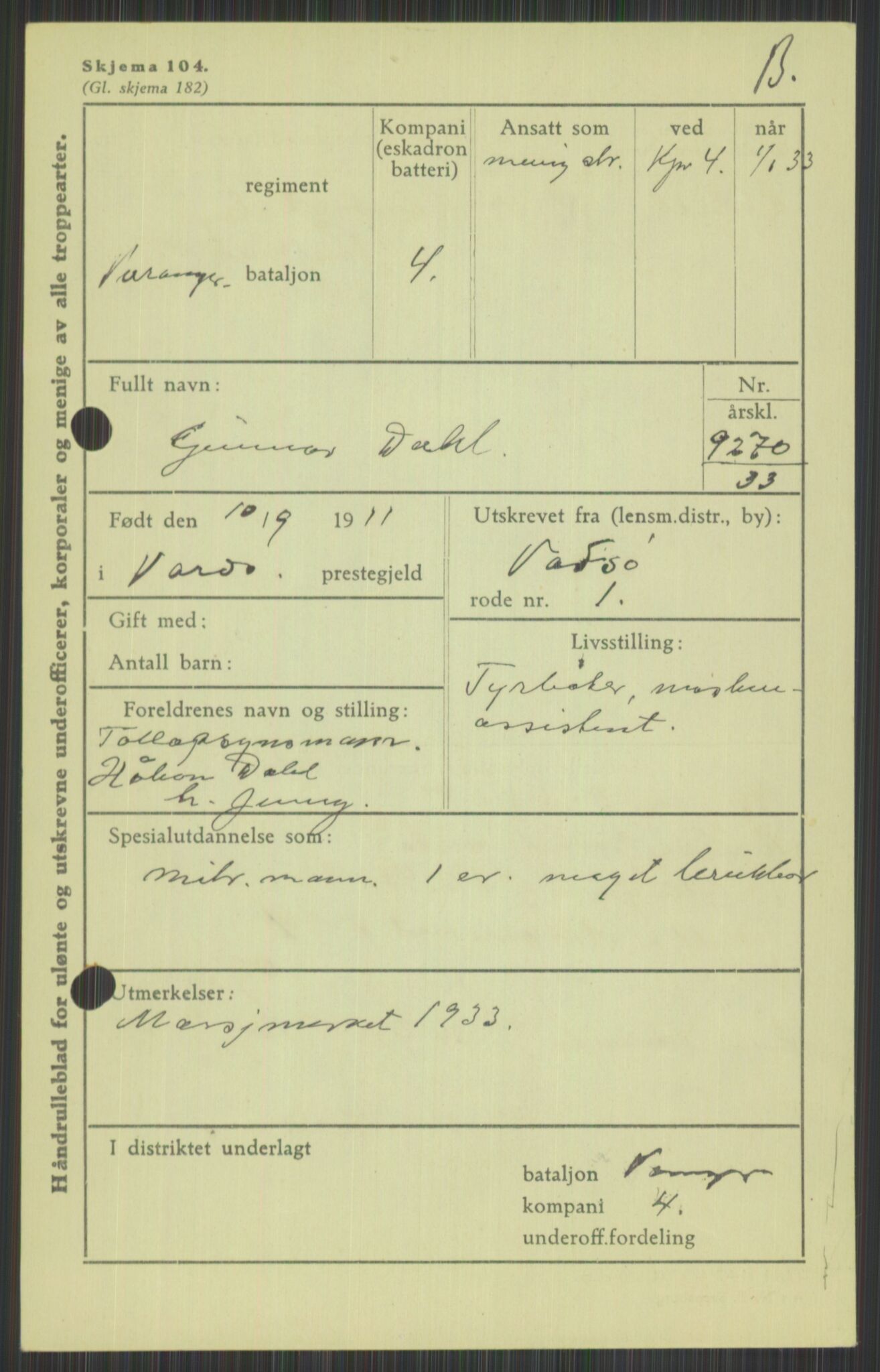 Forsvaret, Varanger bataljon, AV/RA-RAFA-2258/1/D/L0440: Rulleblad for fødte 1892-1912, 1892-1912, p. 1489