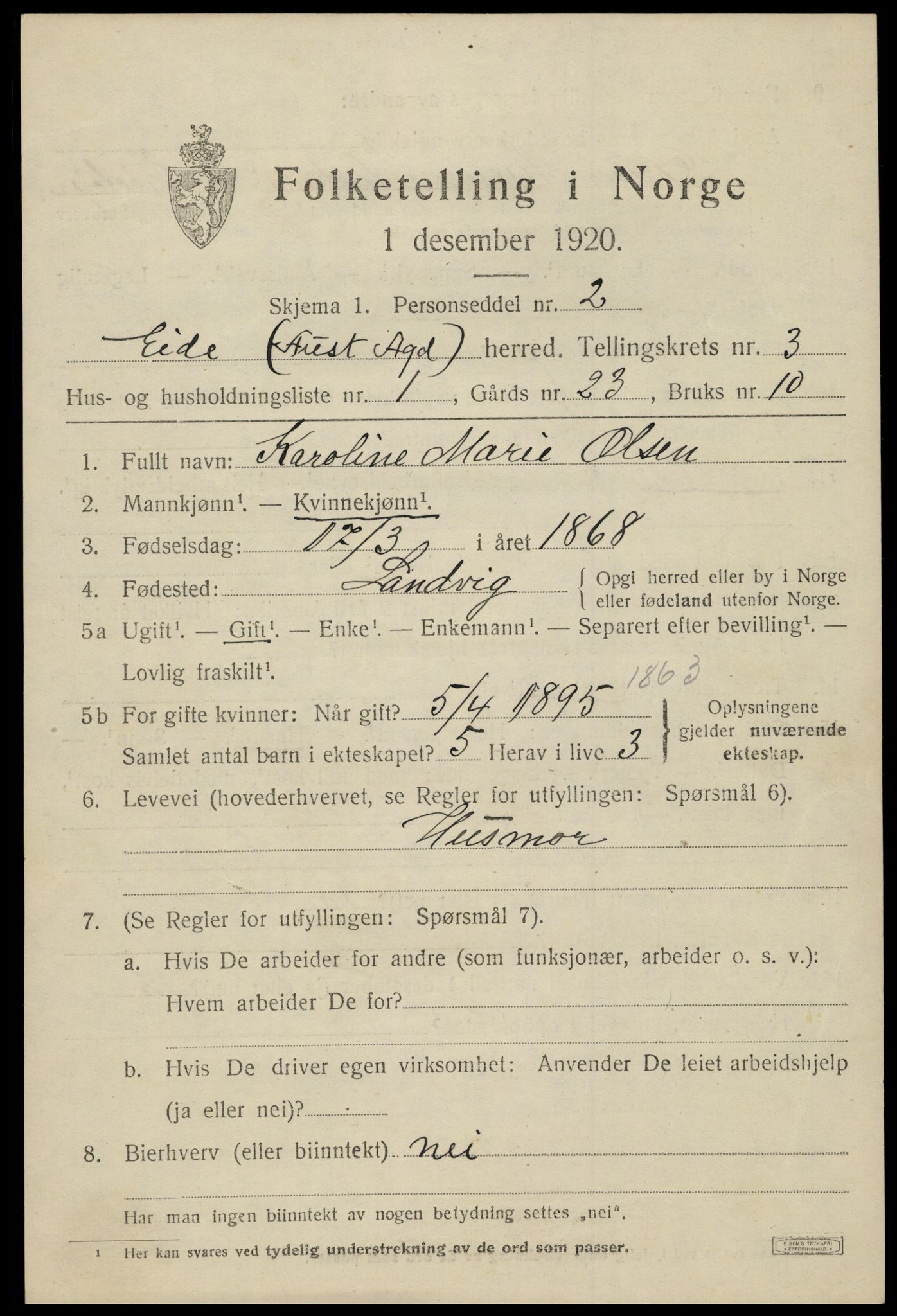 SAK, 1920 census for Eide, 1920, p. 958