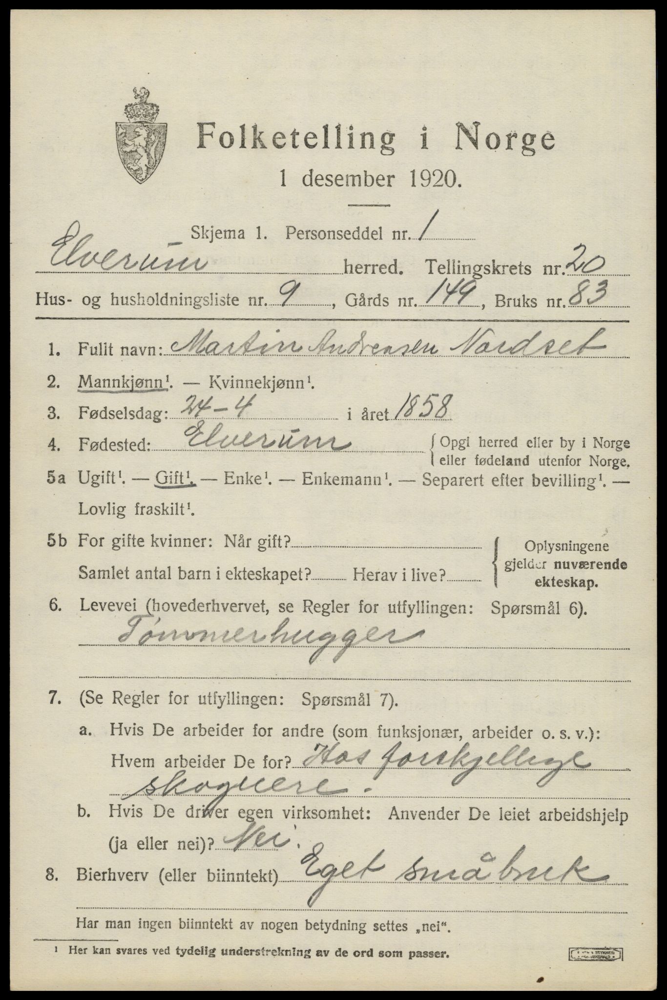 SAH, 1920 census for Elverum, 1920, p. 23388