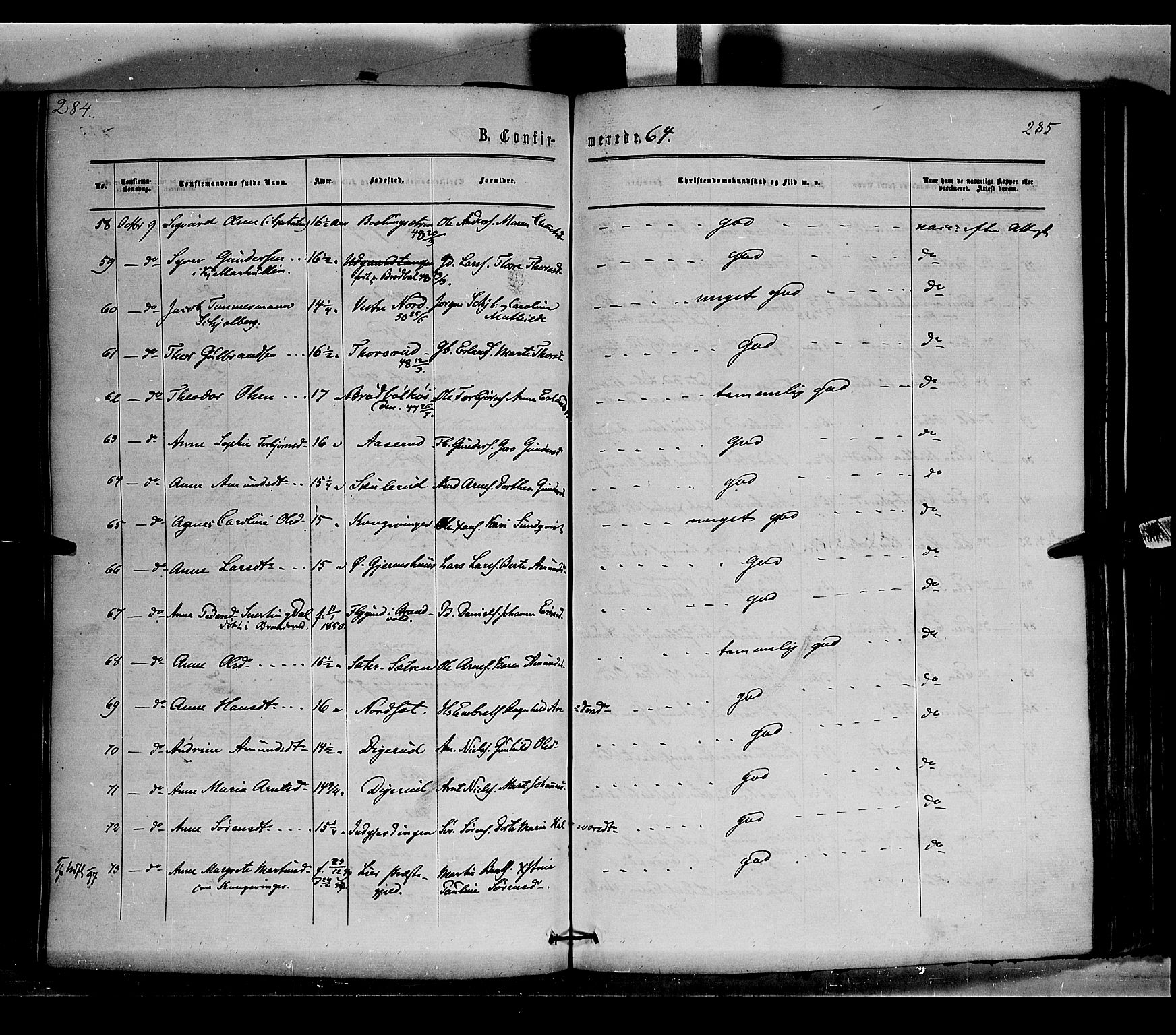 Vinger prestekontor, AV/SAH-PREST-024/H/Ha/Haa/L0011: Parish register (official) no. 11, 1862-1870, p. 285