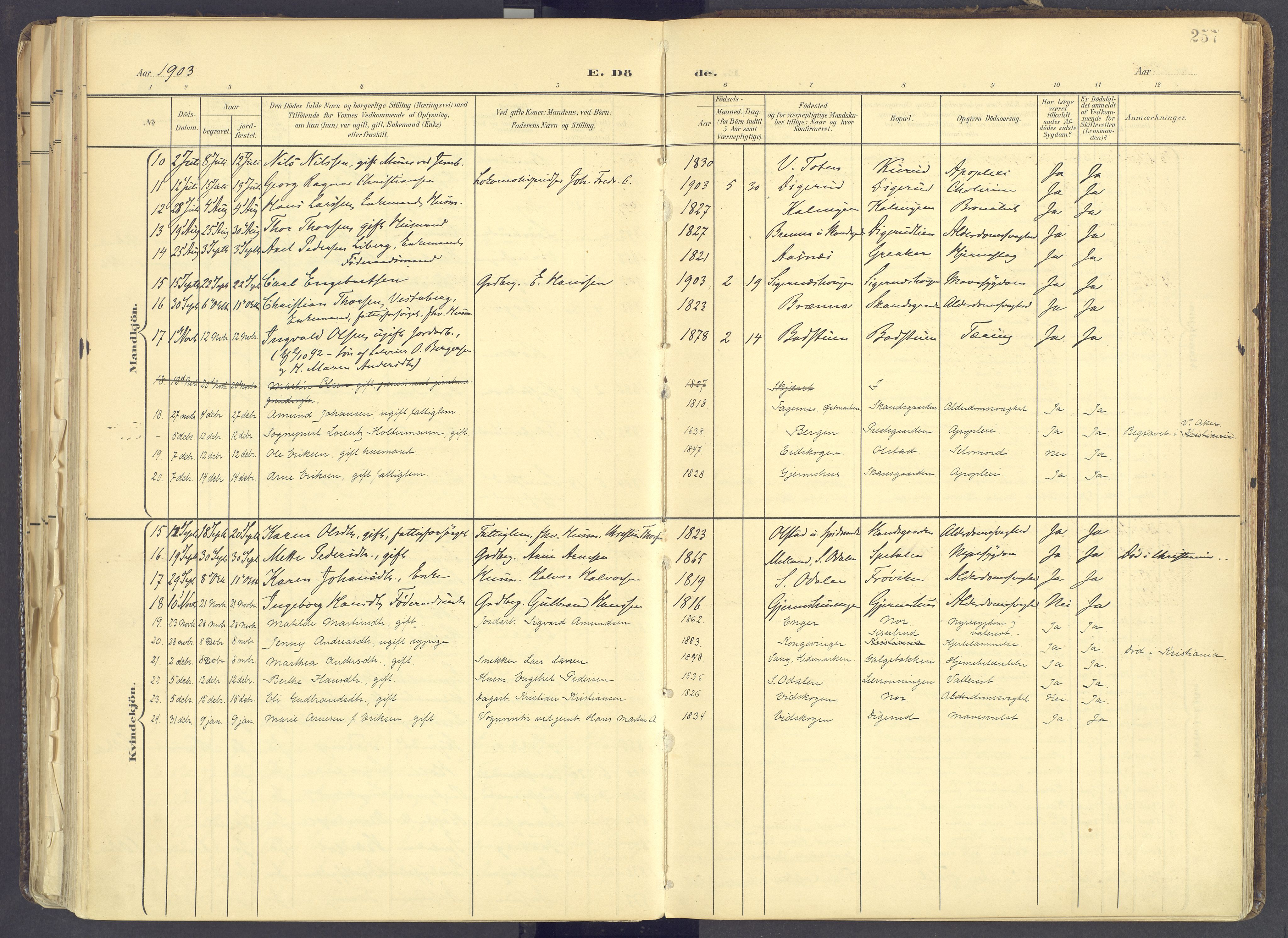 Vinger prestekontor, SAH/PREST-024/H/Ha/Haa/L0017: Parish register (official) no. 17, 1901-1927, p. 257