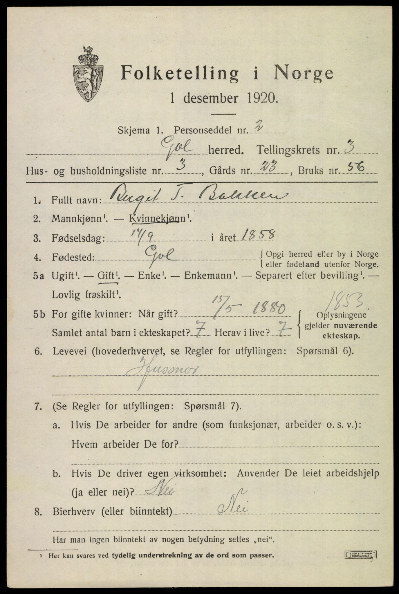 SAKO, 1920 census for Gol, 1920, p. 2212