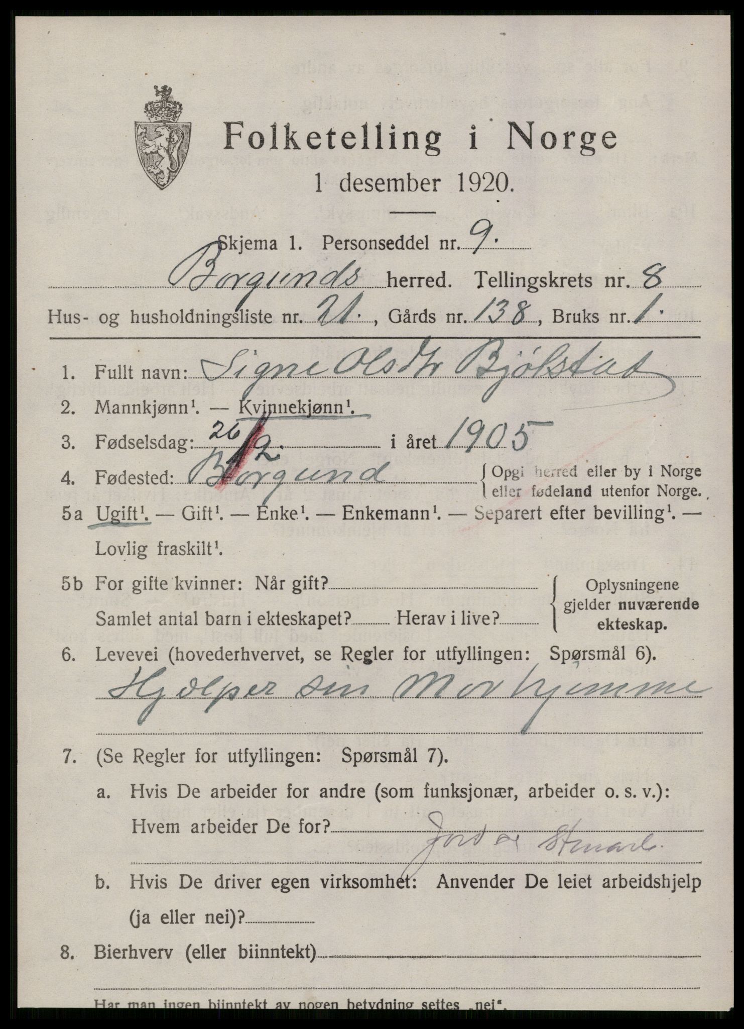 SAT, 1920 census for Borgund, 1920, p. 7586