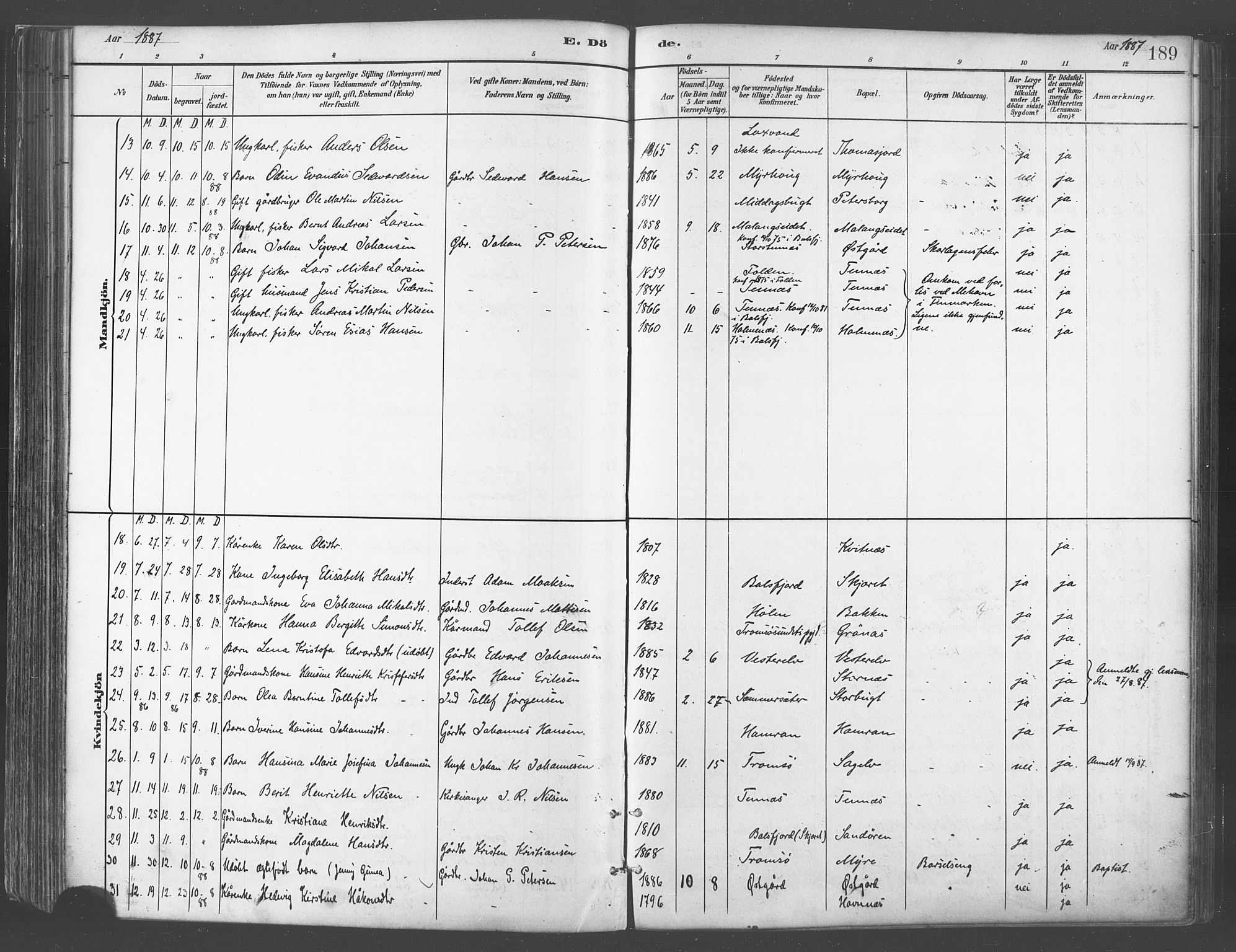 Balsfjord sokneprestembete, SATØ/S-1303/G/Ga/L0005kirke: Parish register (official) no. 5, 1884-1897, p. 189