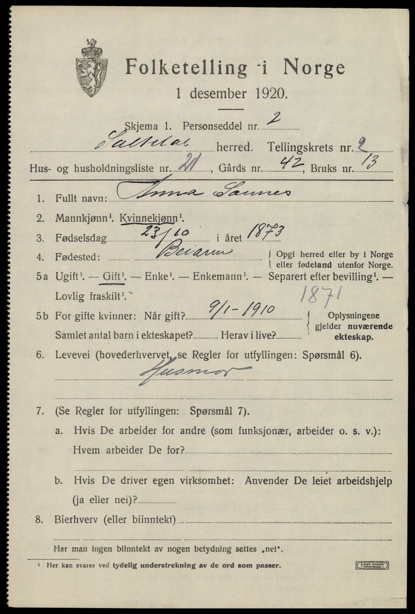 SAT, 1920 census for Saltdal, 1920, p. 3149