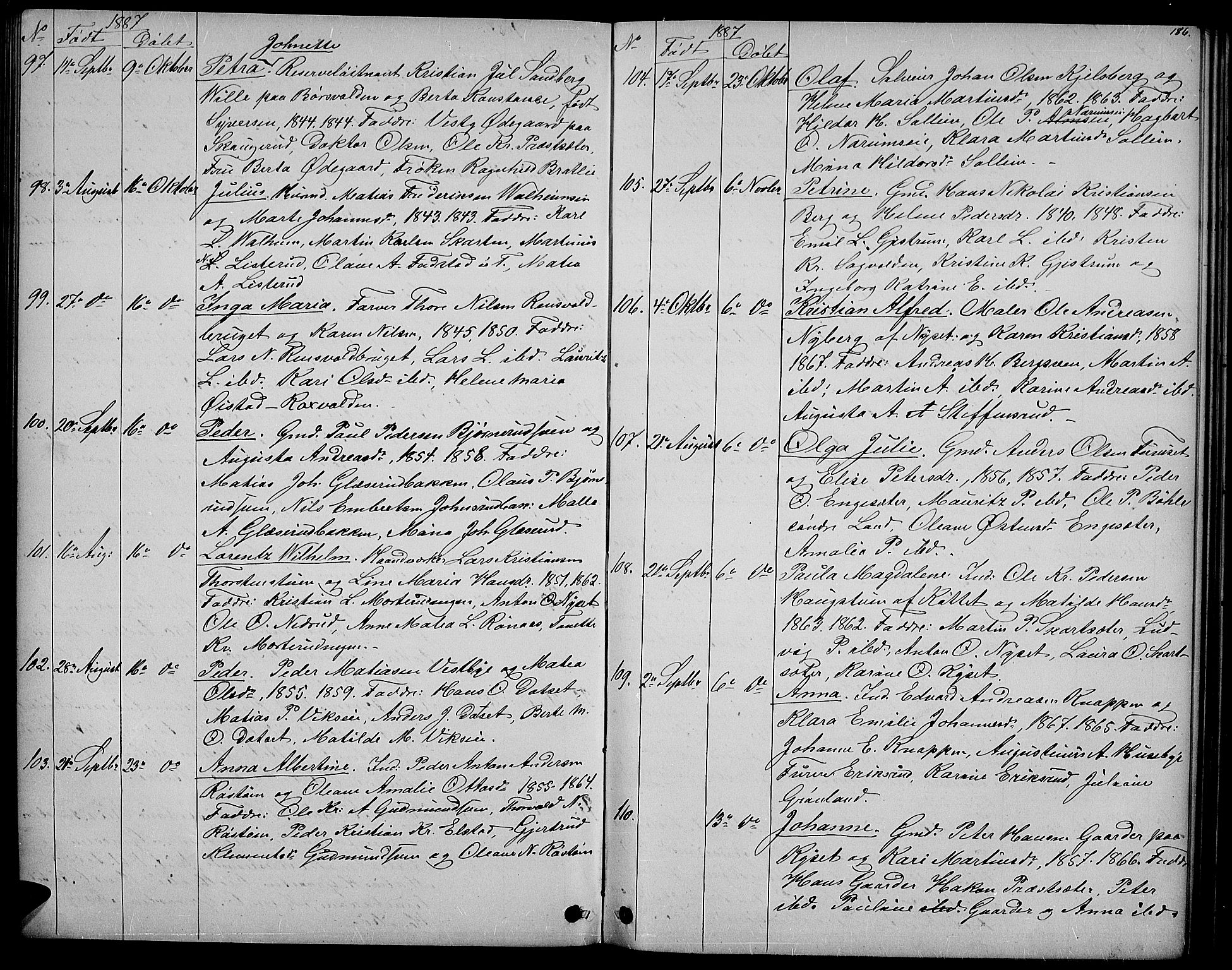 Vestre Toten prestekontor, AV/SAH-PREST-108/H/Ha/Hab/L0006: Parish register (copy) no. 6, 1870-1887, p. 186