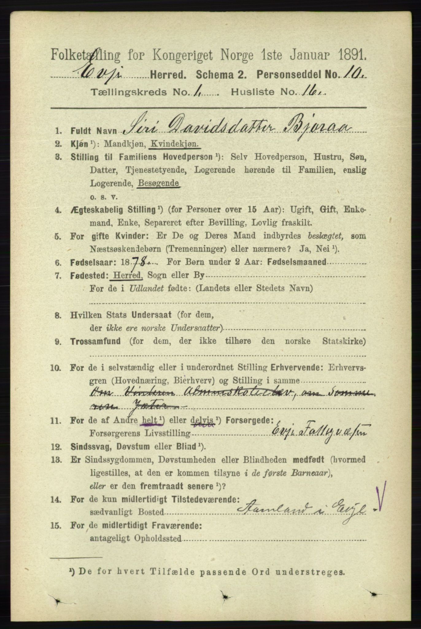 RA, 1891 census for 0937 Evje, 1891, p. 170