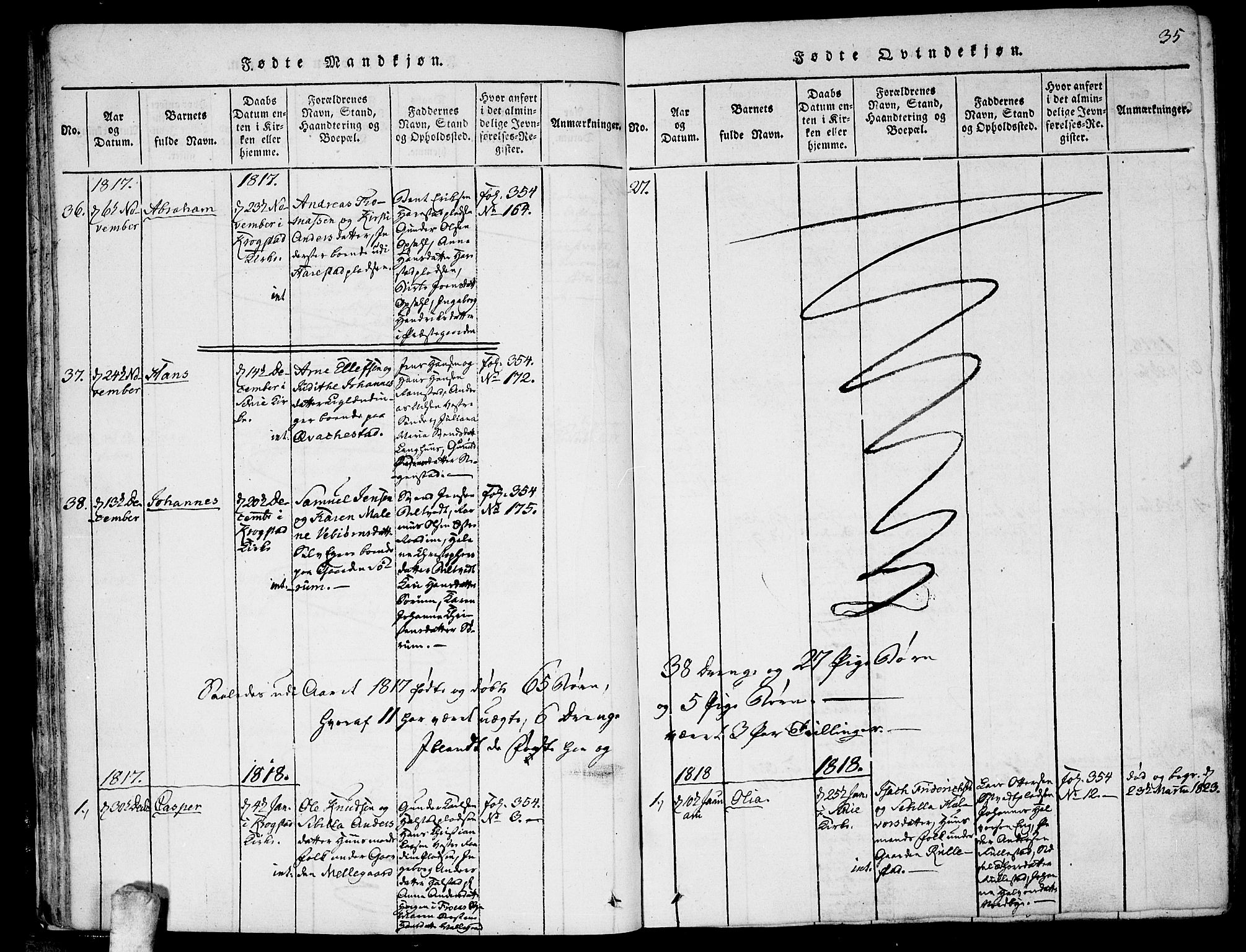 Kråkstad prestekontor Kirkebøker, SAO/A-10125a/F/Fa/L0003: Parish register (official) no. I 3, 1813-1824, p. 35