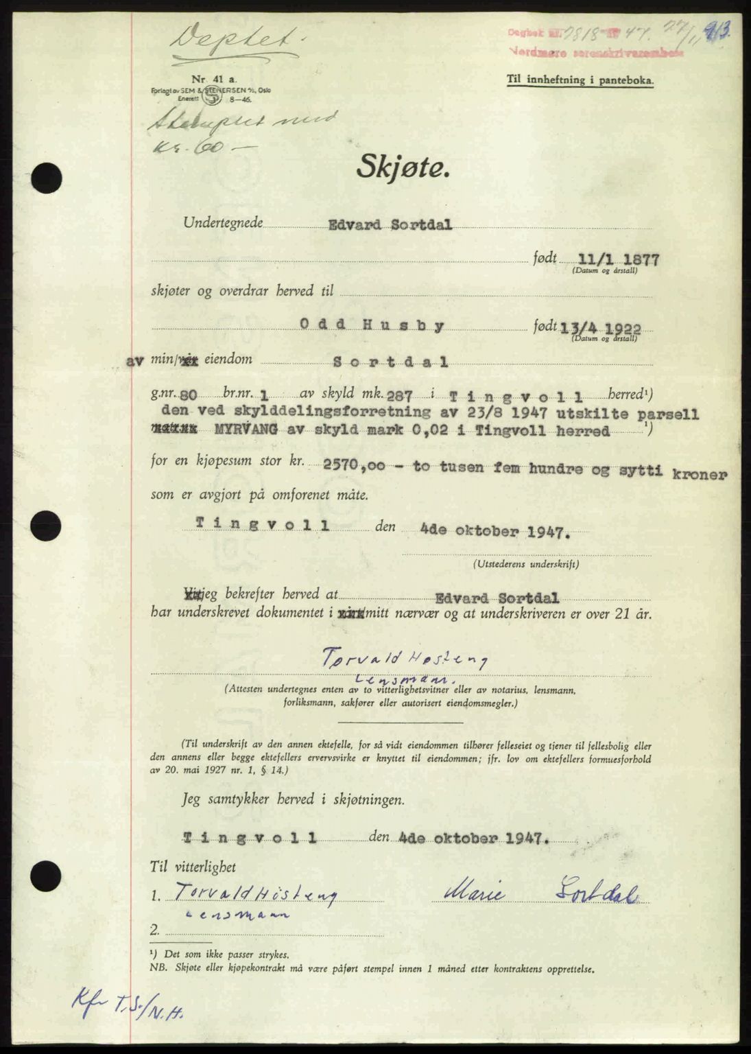 Nordmøre sorenskriveri, AV/SAT-A-4132/1/2/2Ca: Mortgage book no. A106, 1947-1947, Diary no: : 2818/1947