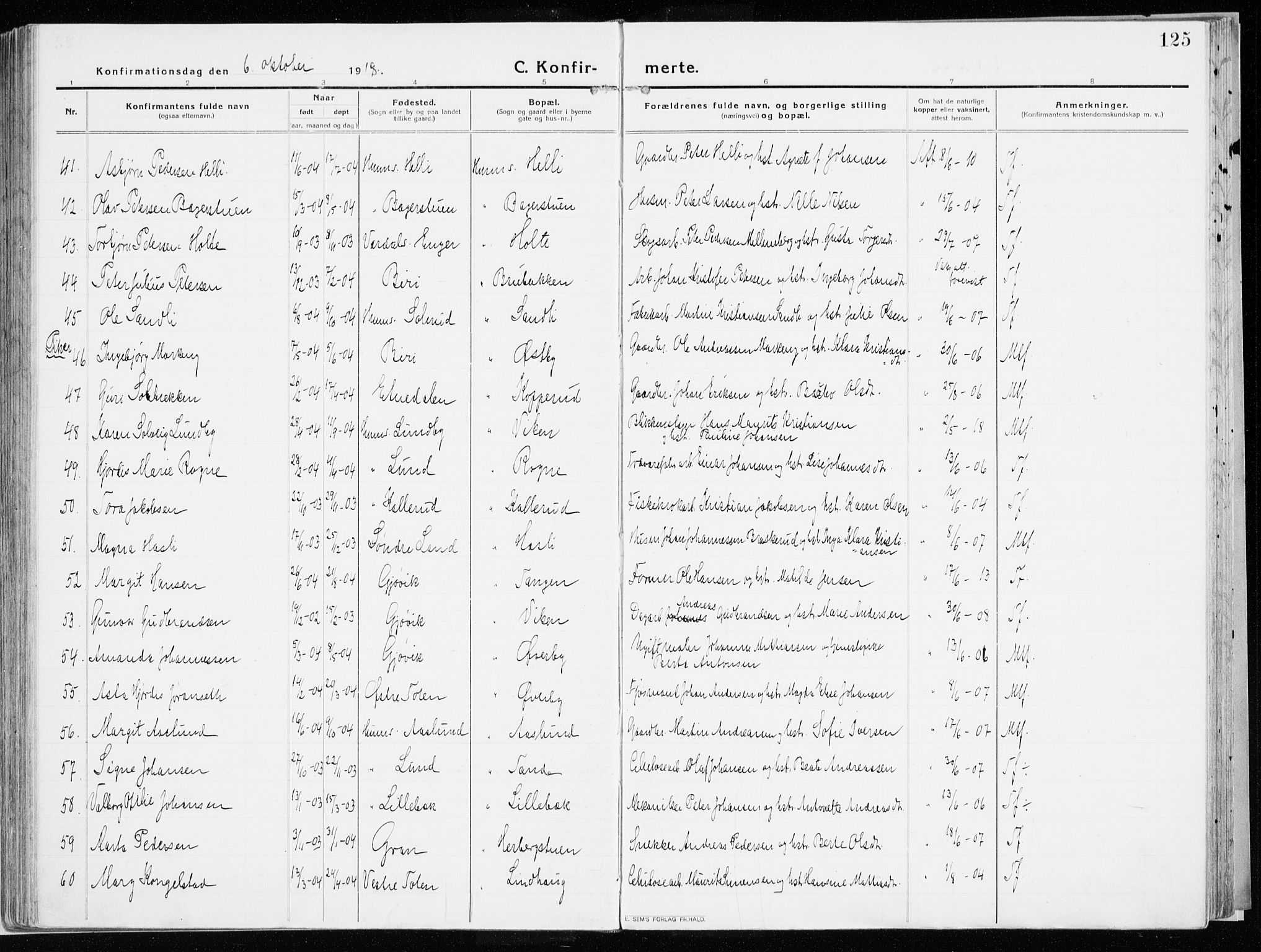 Vardal prestekontor, SAH/PREST-100/H/Ha/Haa/L0017: Parish register (official) no. 17, 1915-1929, p. 125