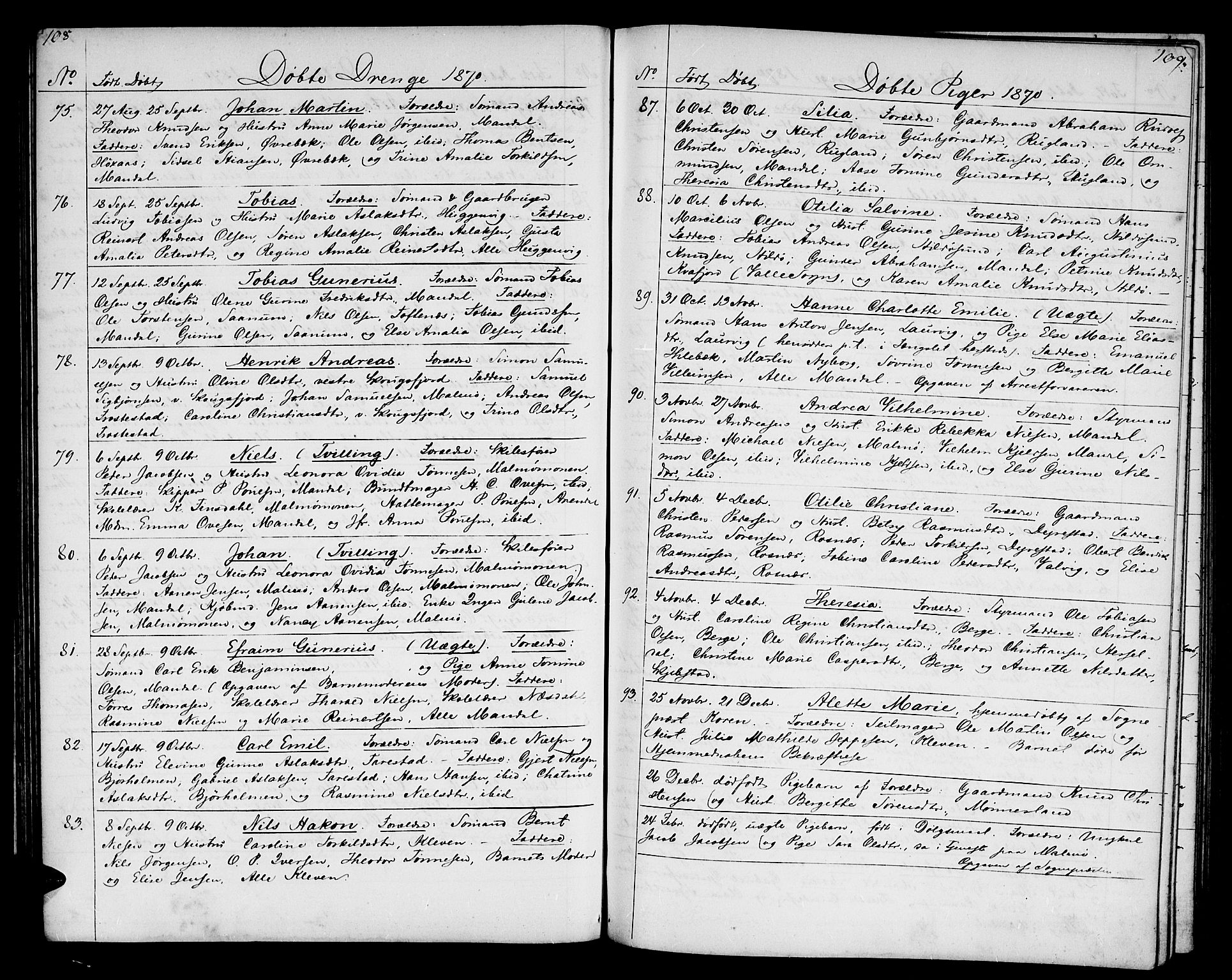 Mandal sokneprestkontor, SAK/1111-0030/F/Fb/Fba/L0009: Parish register (copy) no. B 3, 1867-1877, p. 108-109