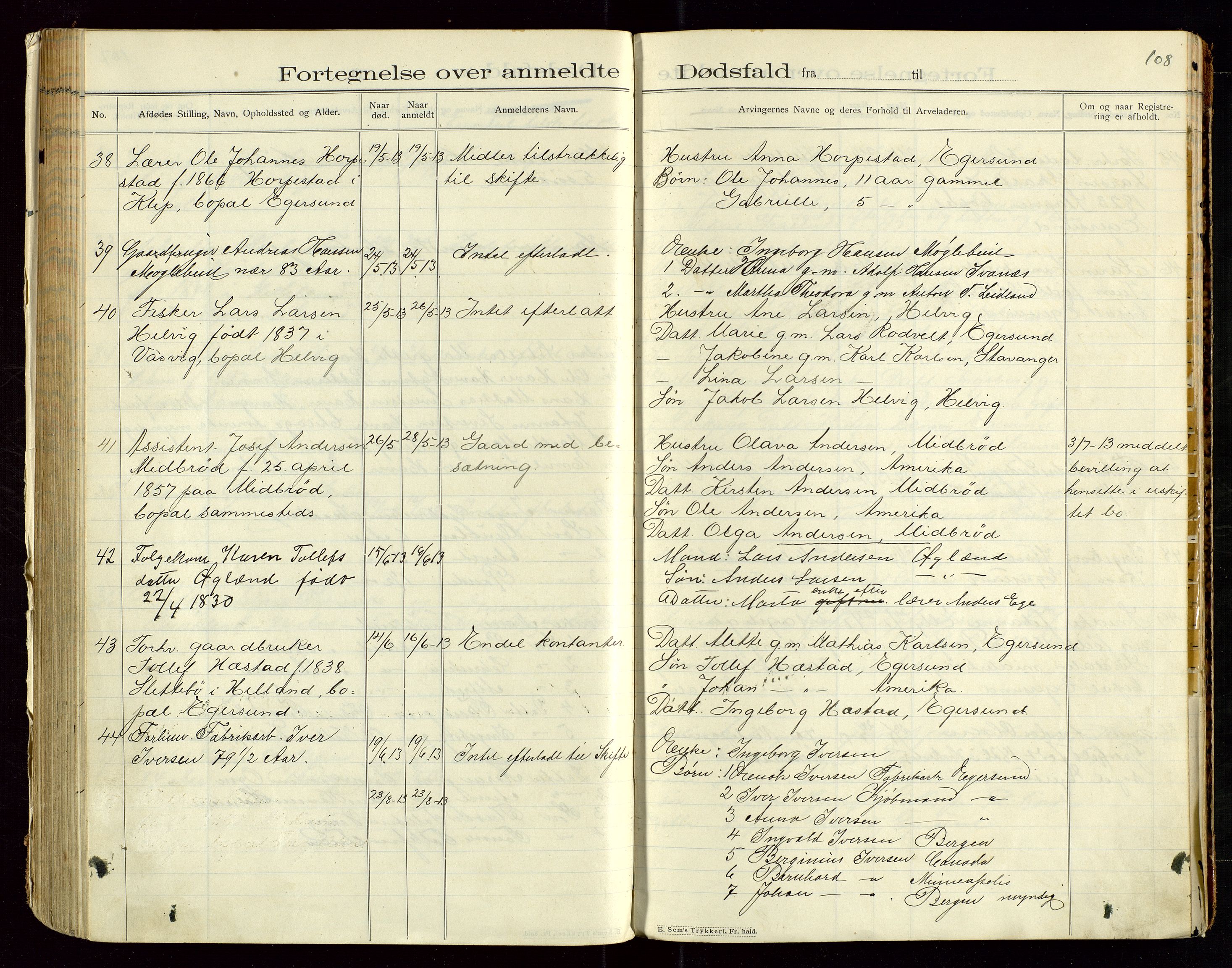 Eigersund lensmannskontor, AV/SAST-A-100171/Gga/L0005: "Dødsfalds-Protokol" m/alfabetisk navneregister, 1905-1913, p. 108